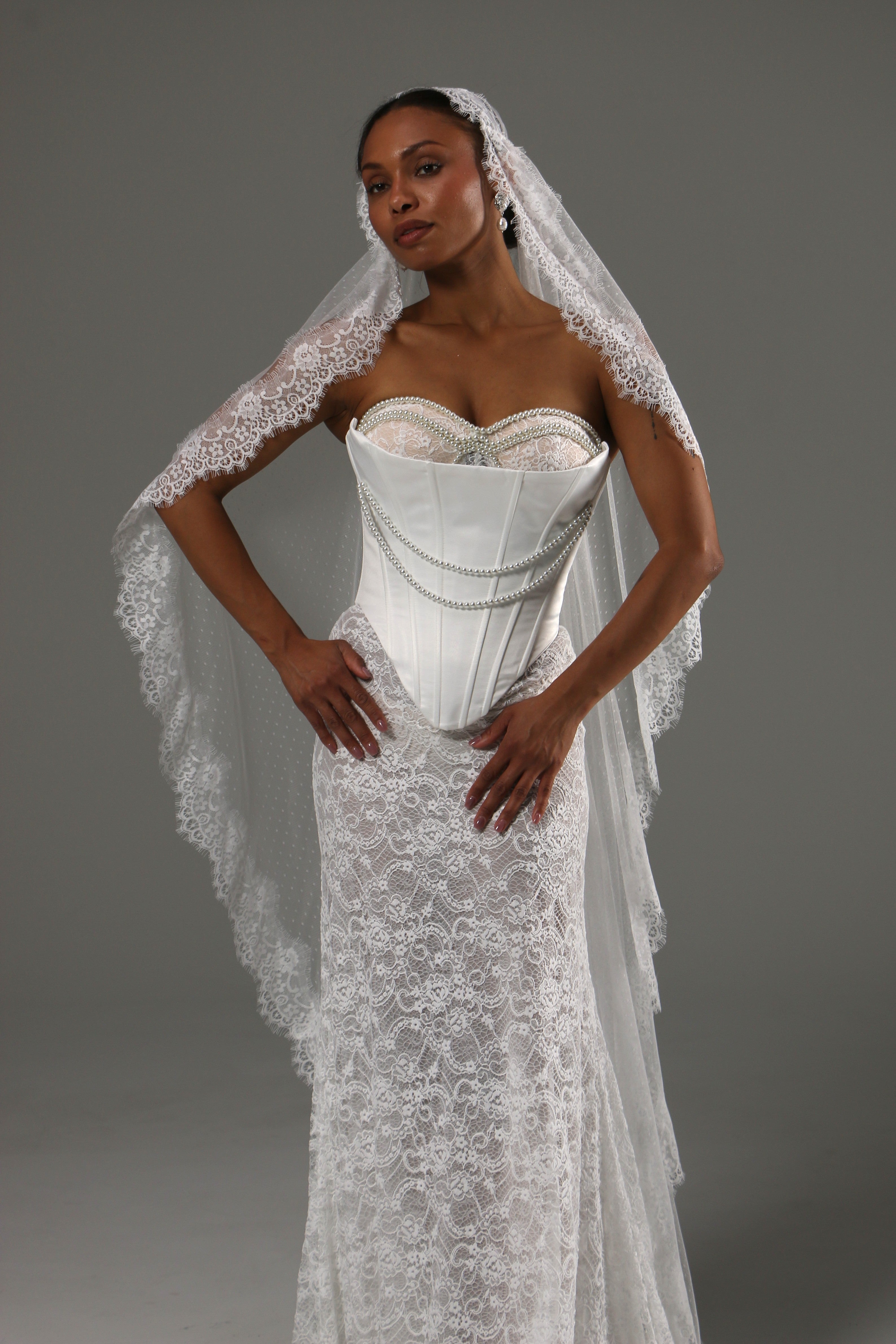 Juliet cap mantilla wedding veil with dotted tulle and Chantilly lace edge