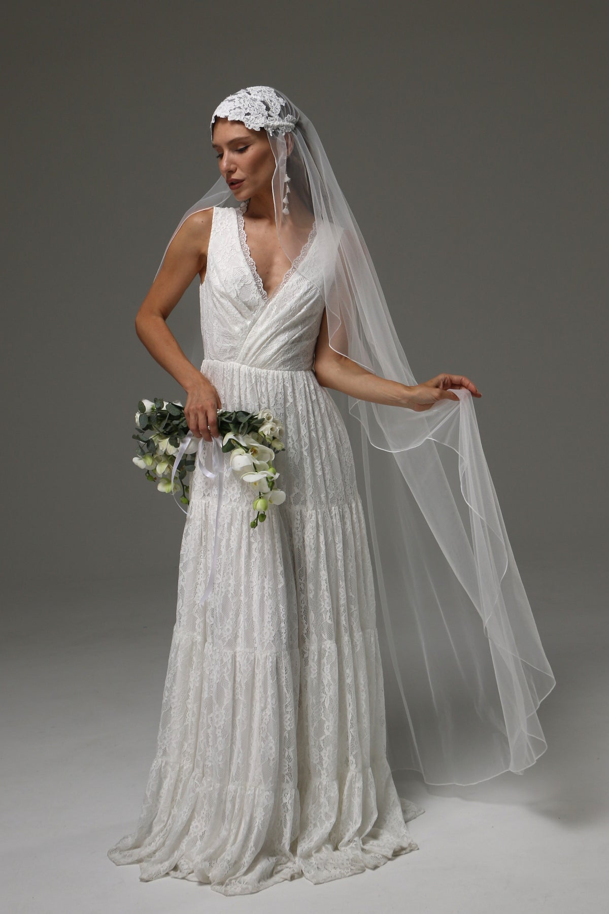 Juliet Cap Wedding Veil with Lace Appliques, Pencil Edge Bridal Veil — — front view of the veil