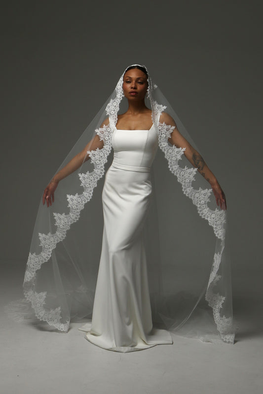 Cathedral Mantilla Veil with Lace Edge Spanish Bridal Veil