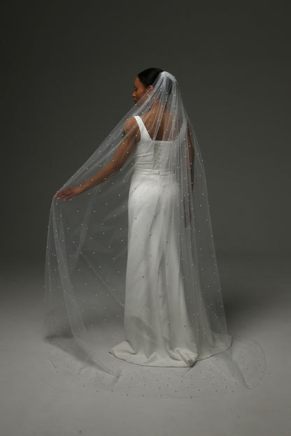 Long pearl veil creating a graceful bridal silhouette.