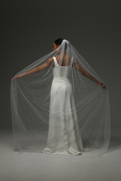 legant wedding veil with soft tulle and subtle pearl shimmer.