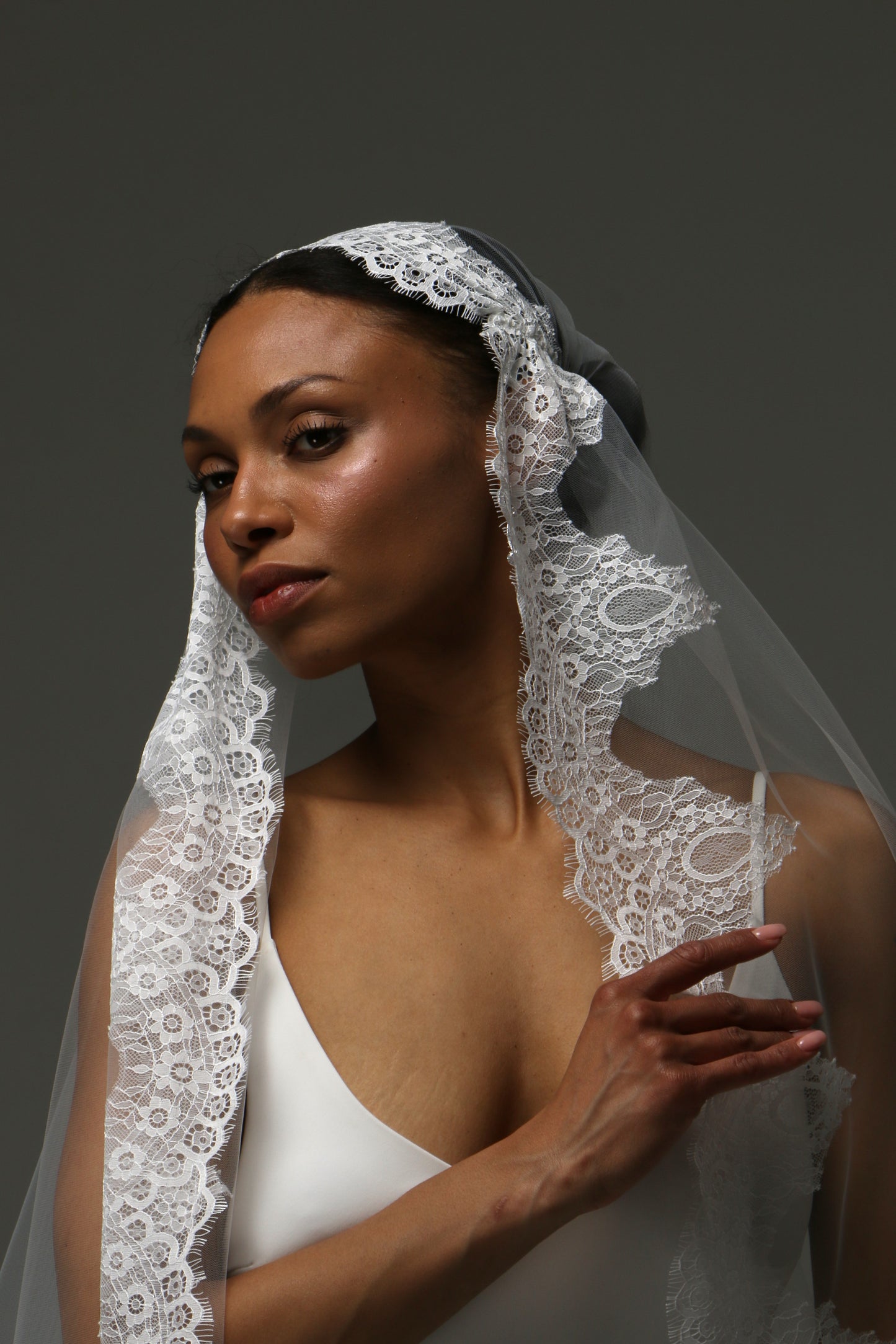 Cathedral-length veil with dramatic lace-trimmed border.