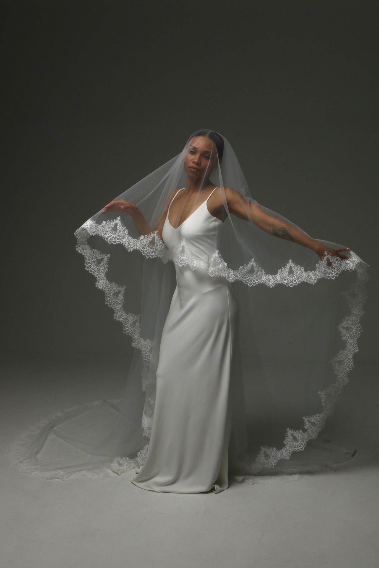 Romantic bridal veil featuring a cathedral-length train and lace trim.