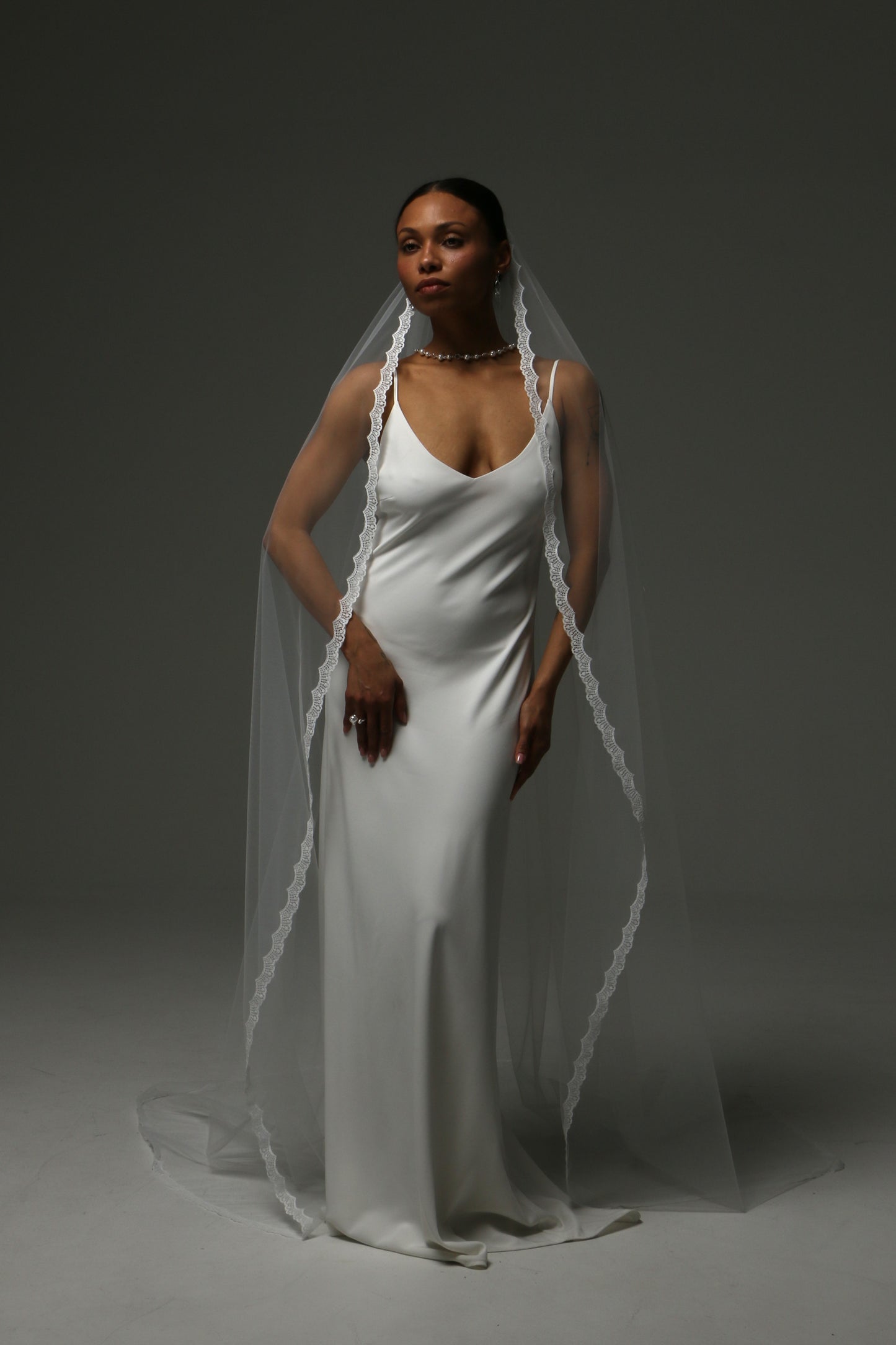 Elegant cathedral-length bridal veil featuring delicate lace trim.