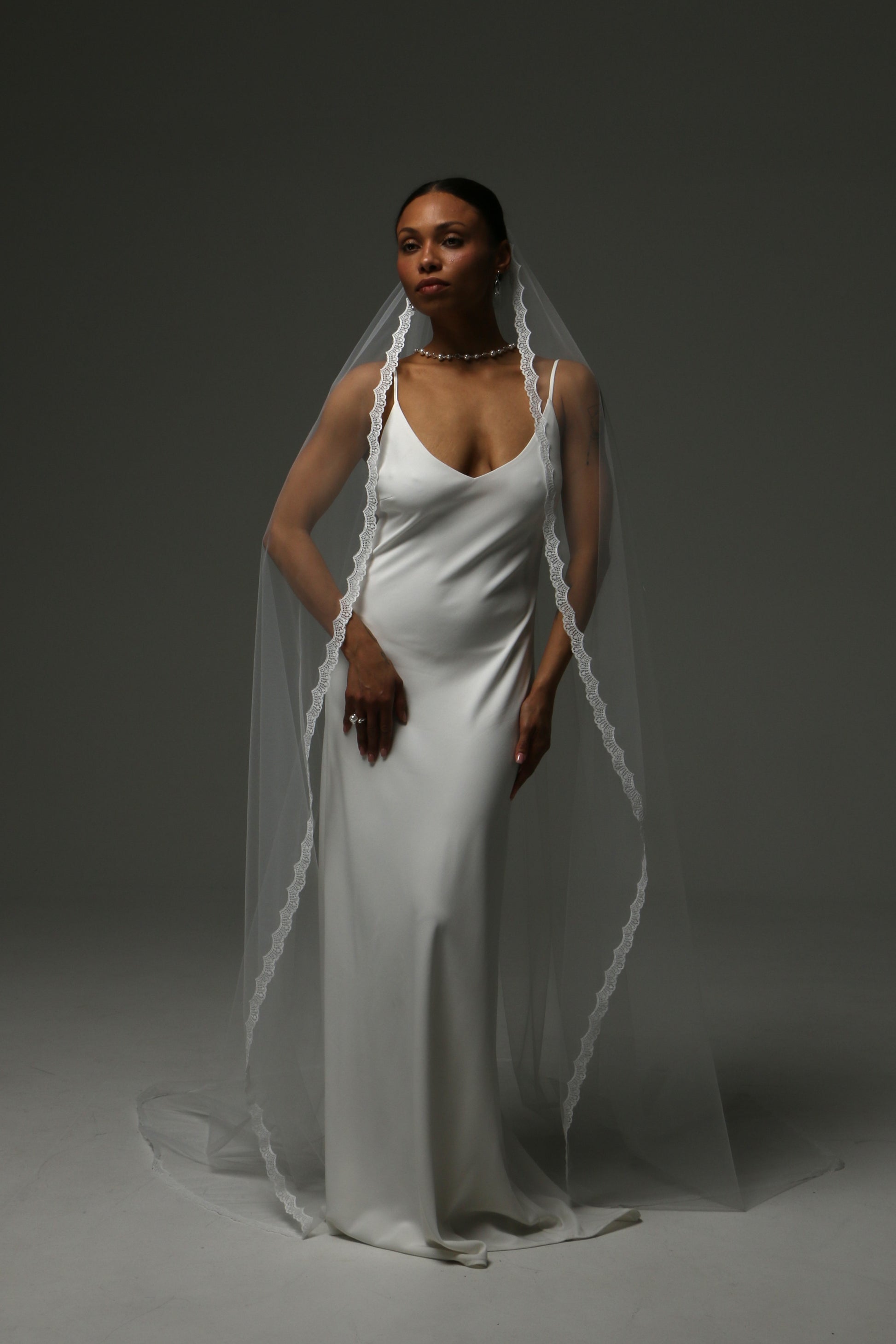 Elegant cathedral-length bridal veil featuring delicate lace trim.