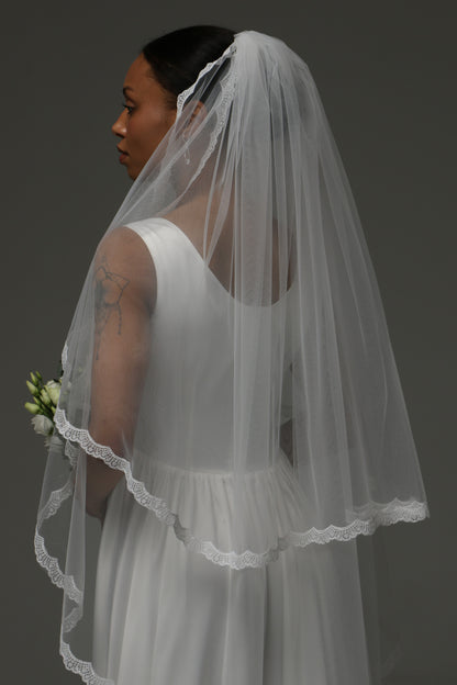 Modern bridal accessory featuring a layered veil design.
