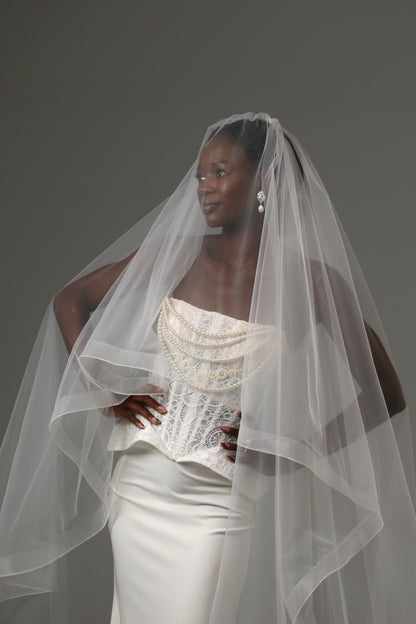 Two-Tier Cathedral Wedding Veil with Horsehair Edge and Blusher – Soft Tulle Bridal Veil