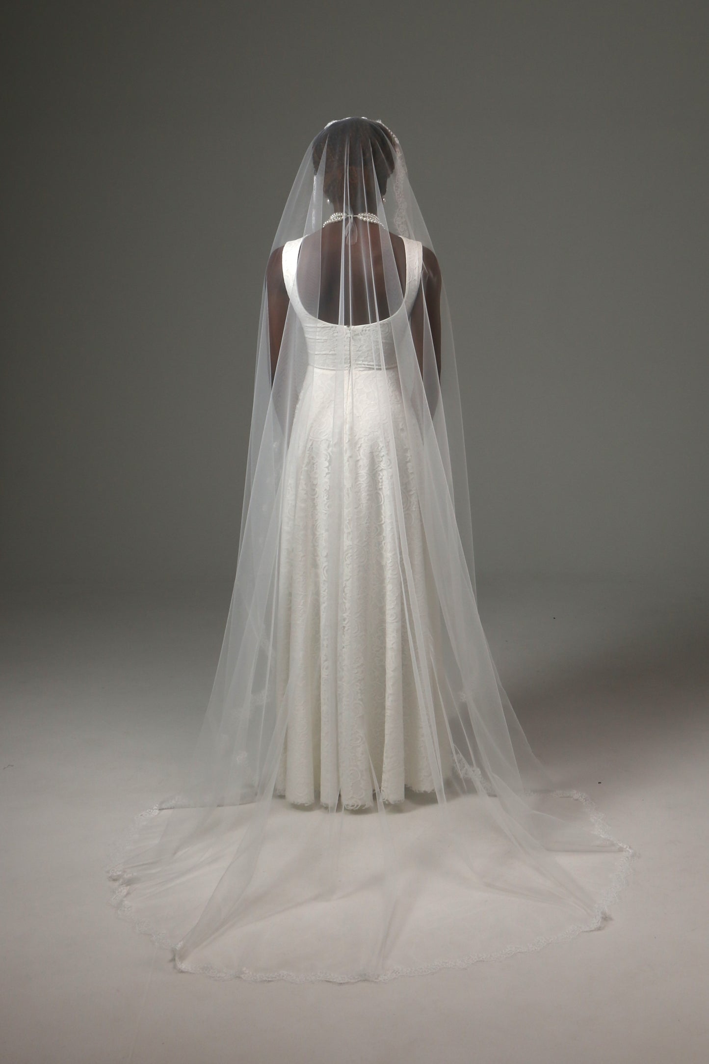 Cathedral-length bridal veil with airy drape and lace trim.