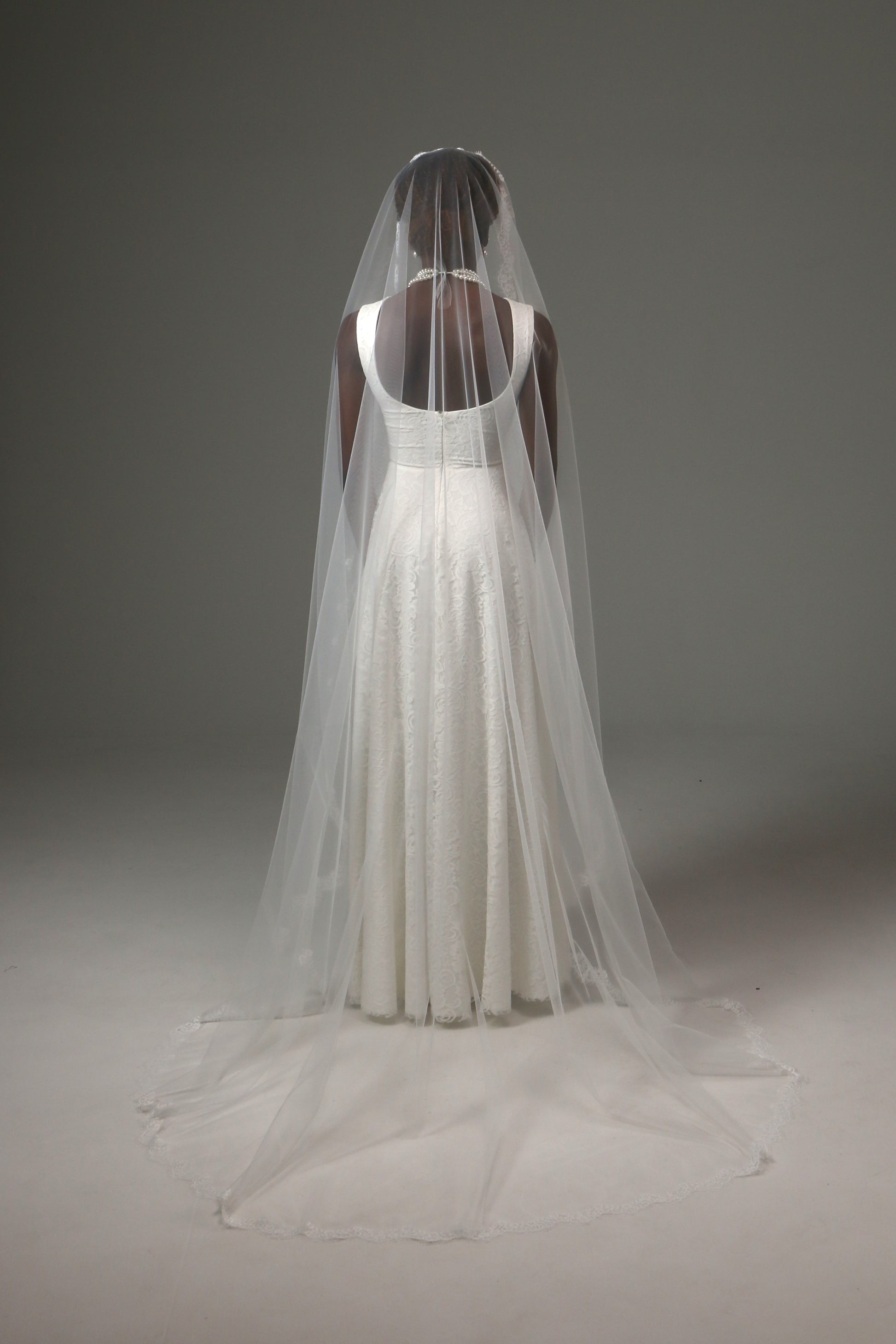 Cathedral-length bridal veil with airy drape and lace trim.