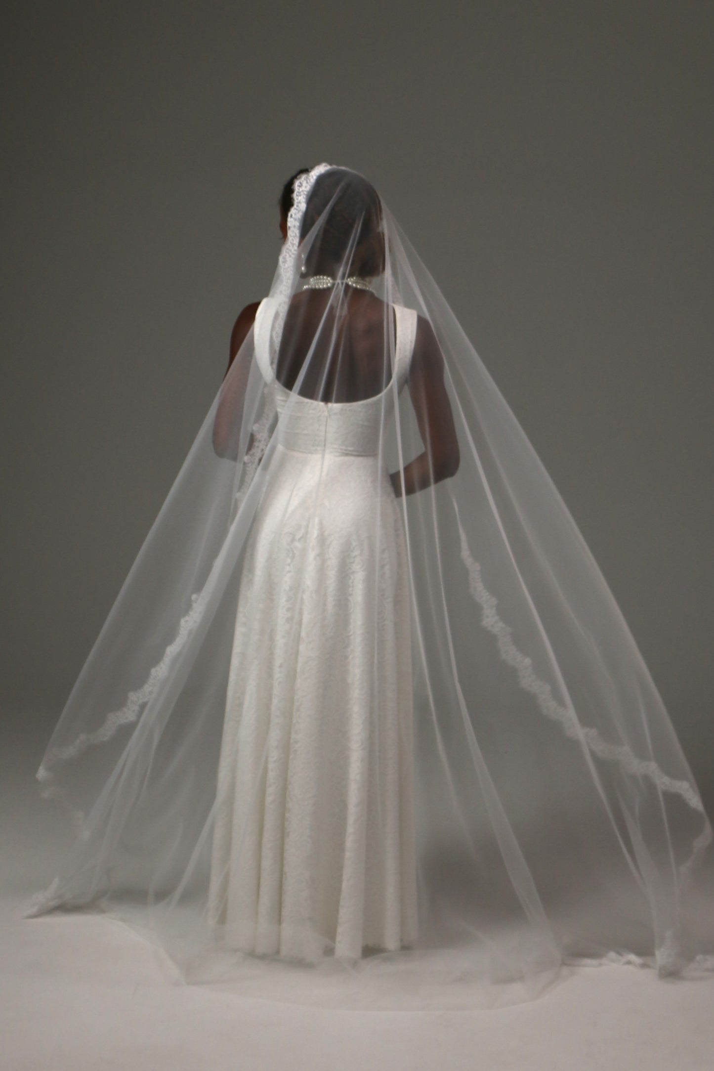 Romantic wedding veil with delicate lace edging throughout.