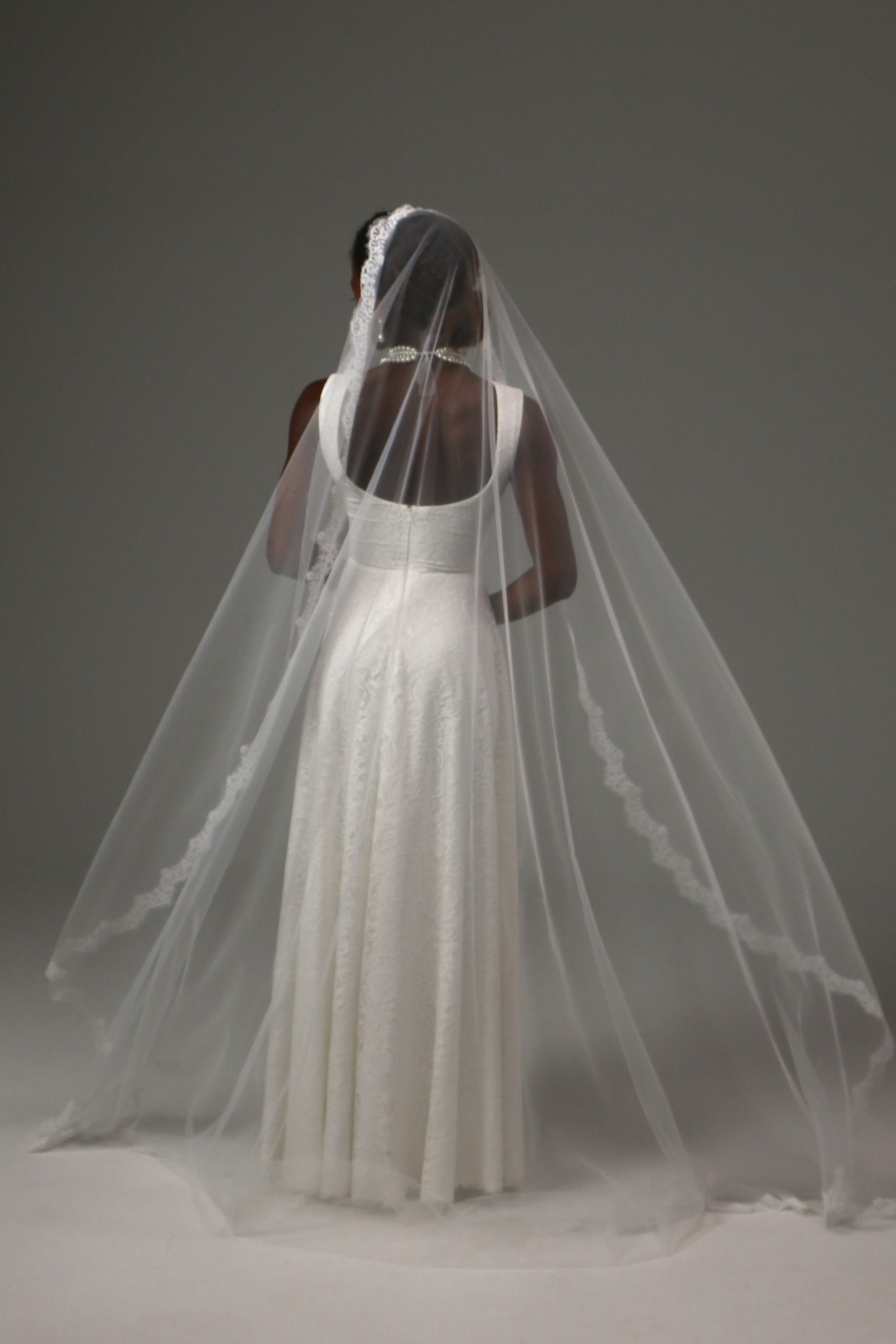 Romantic wedding veil with delicate lace edging throughout.