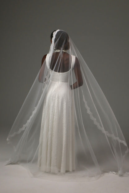 Romantic wedding veil with delicate lace edging throughout.