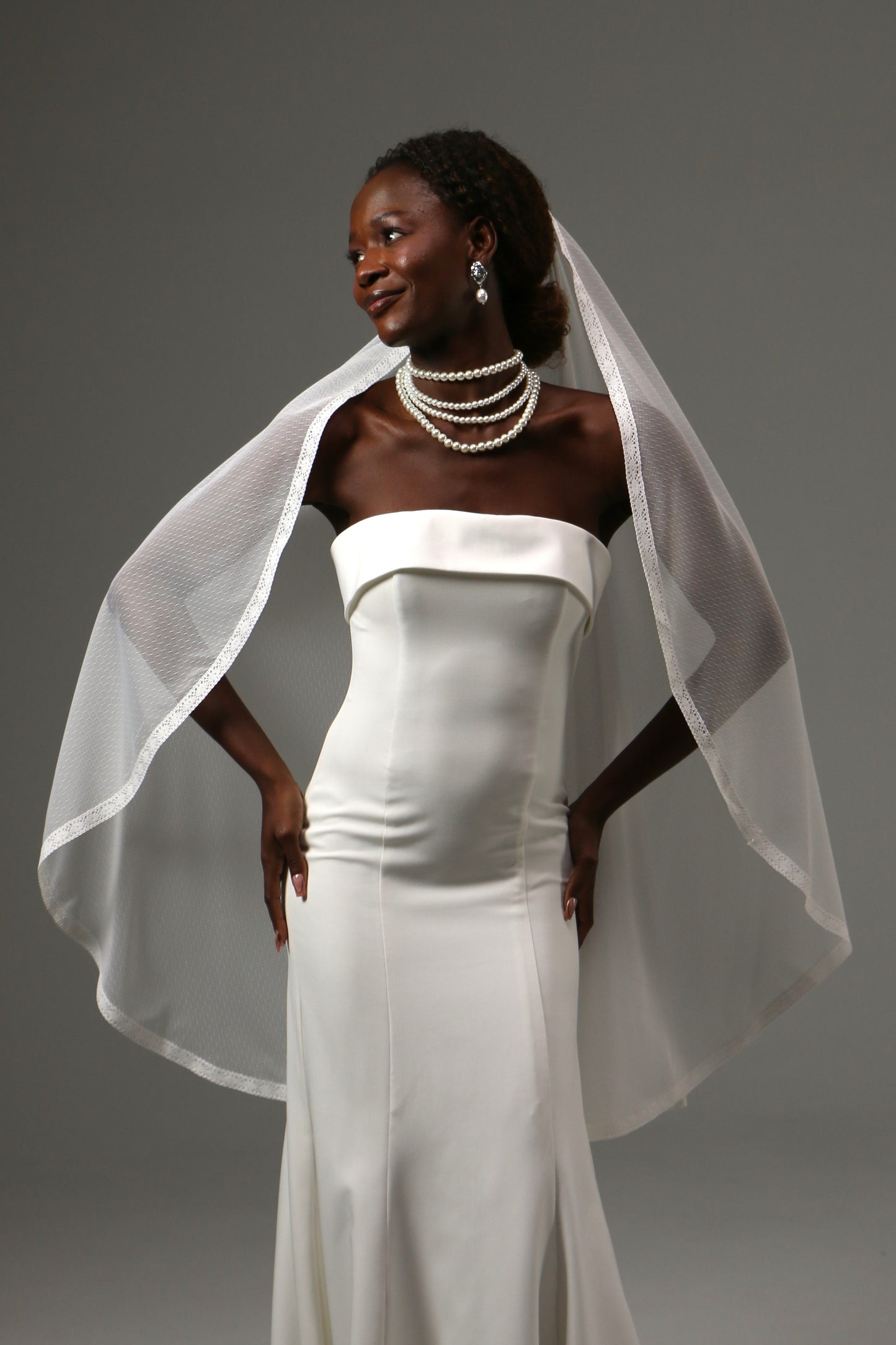 Romantic bridal accessory with soft dotted tulle and lace detail.