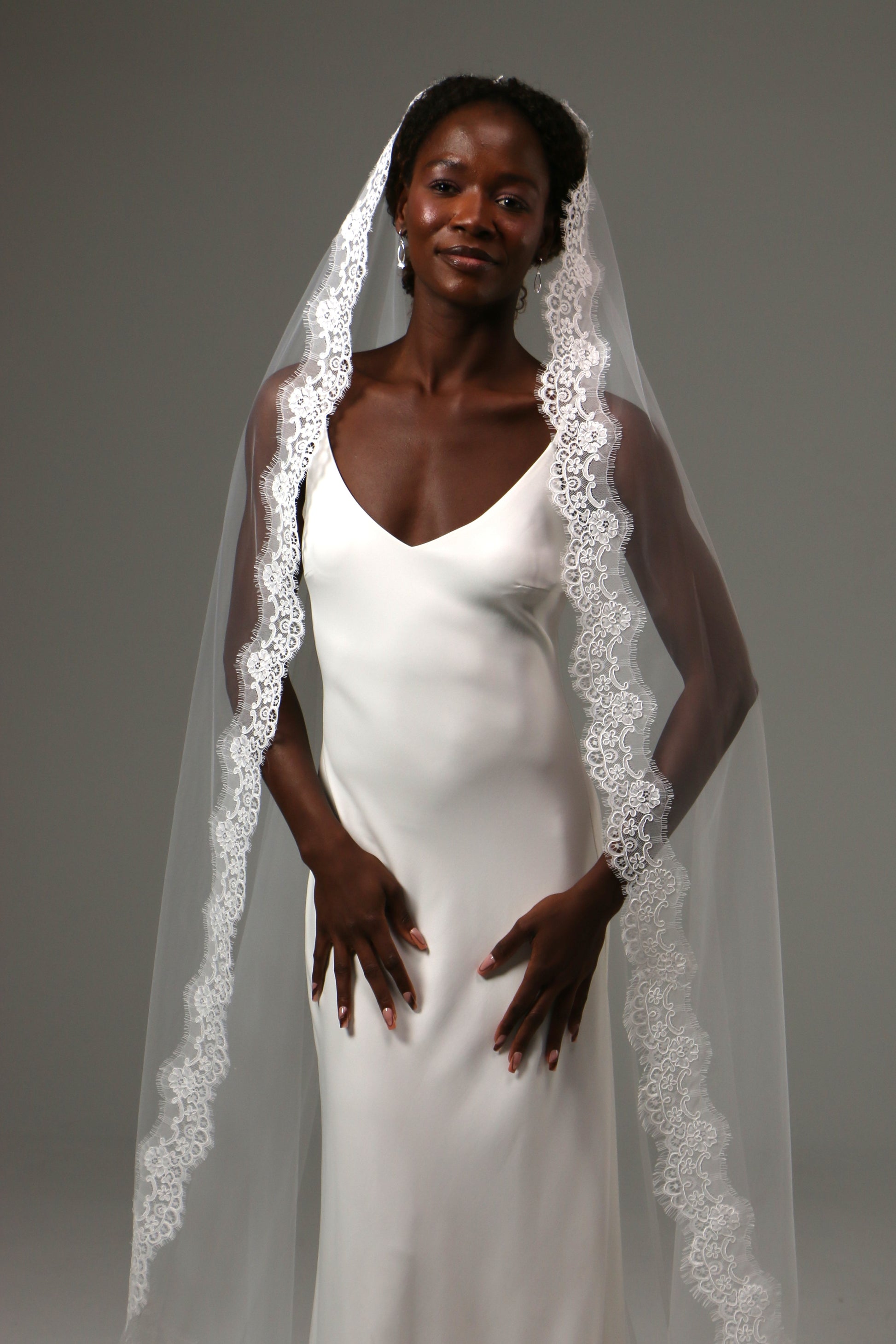 Romantic lace-edged veil designed for classic wedding styling.