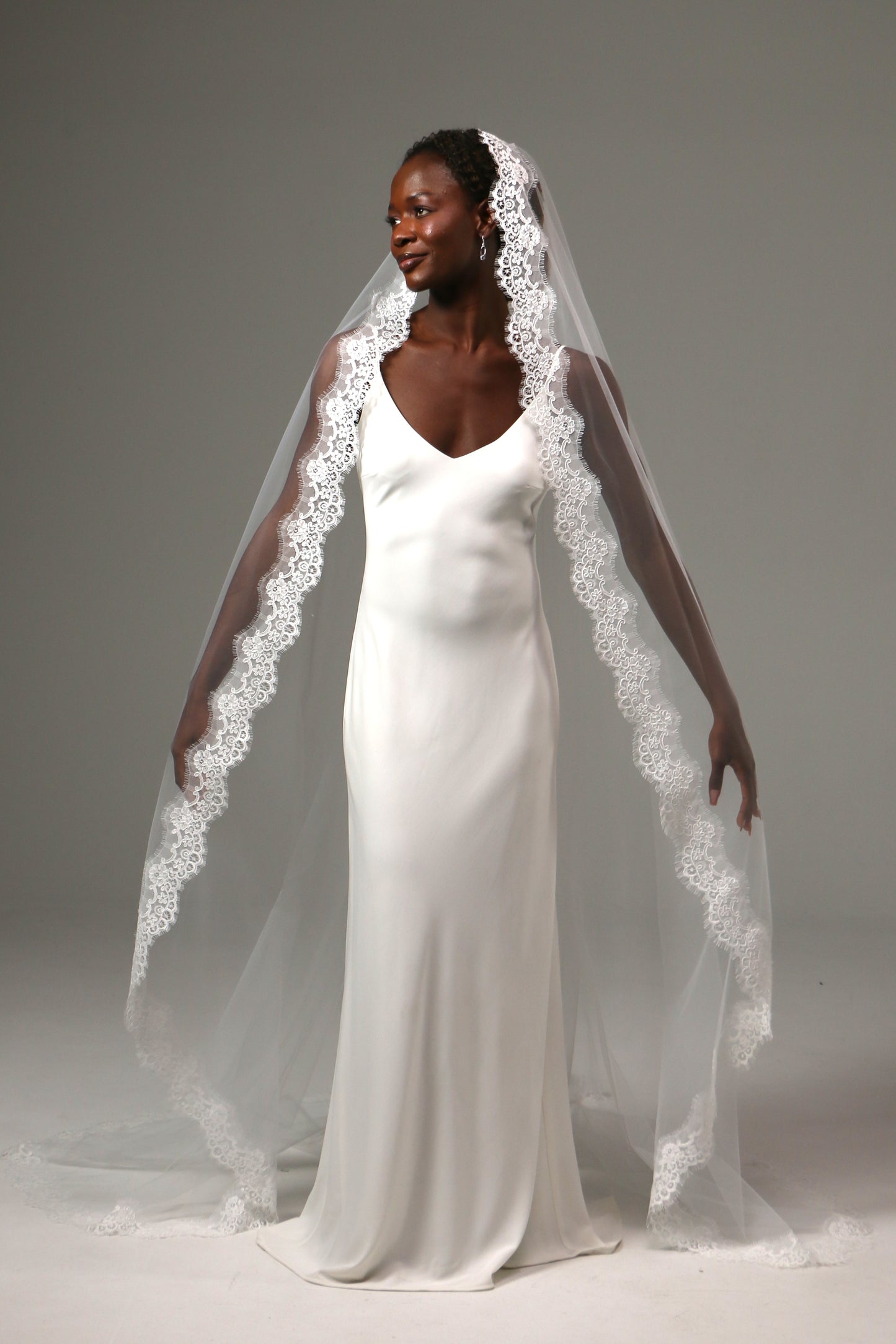 Traditional bridal veil with cathedral train and ornate lace border.