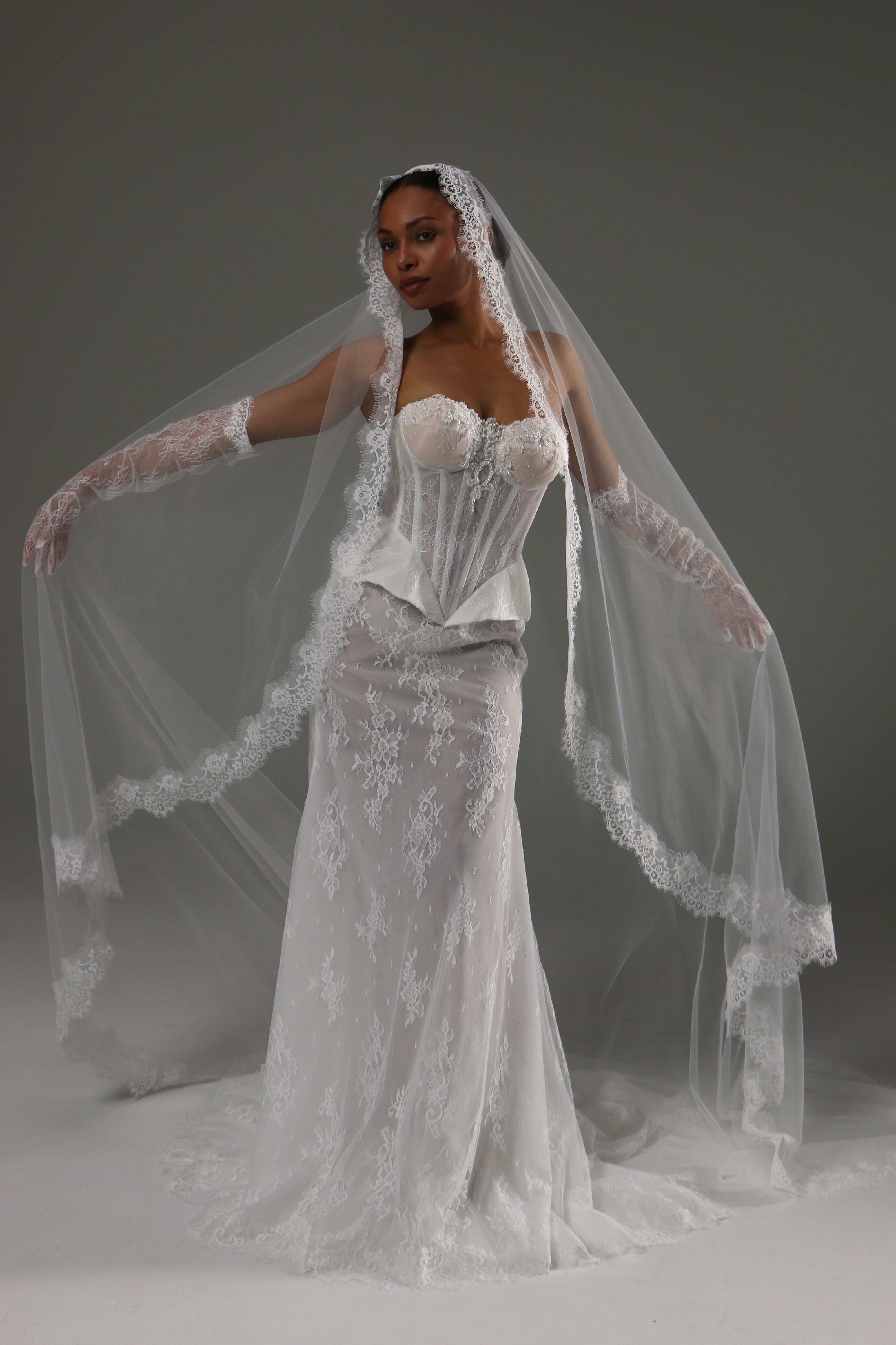 Cathedral mantilla wedding veil with Chantilly lace edge
