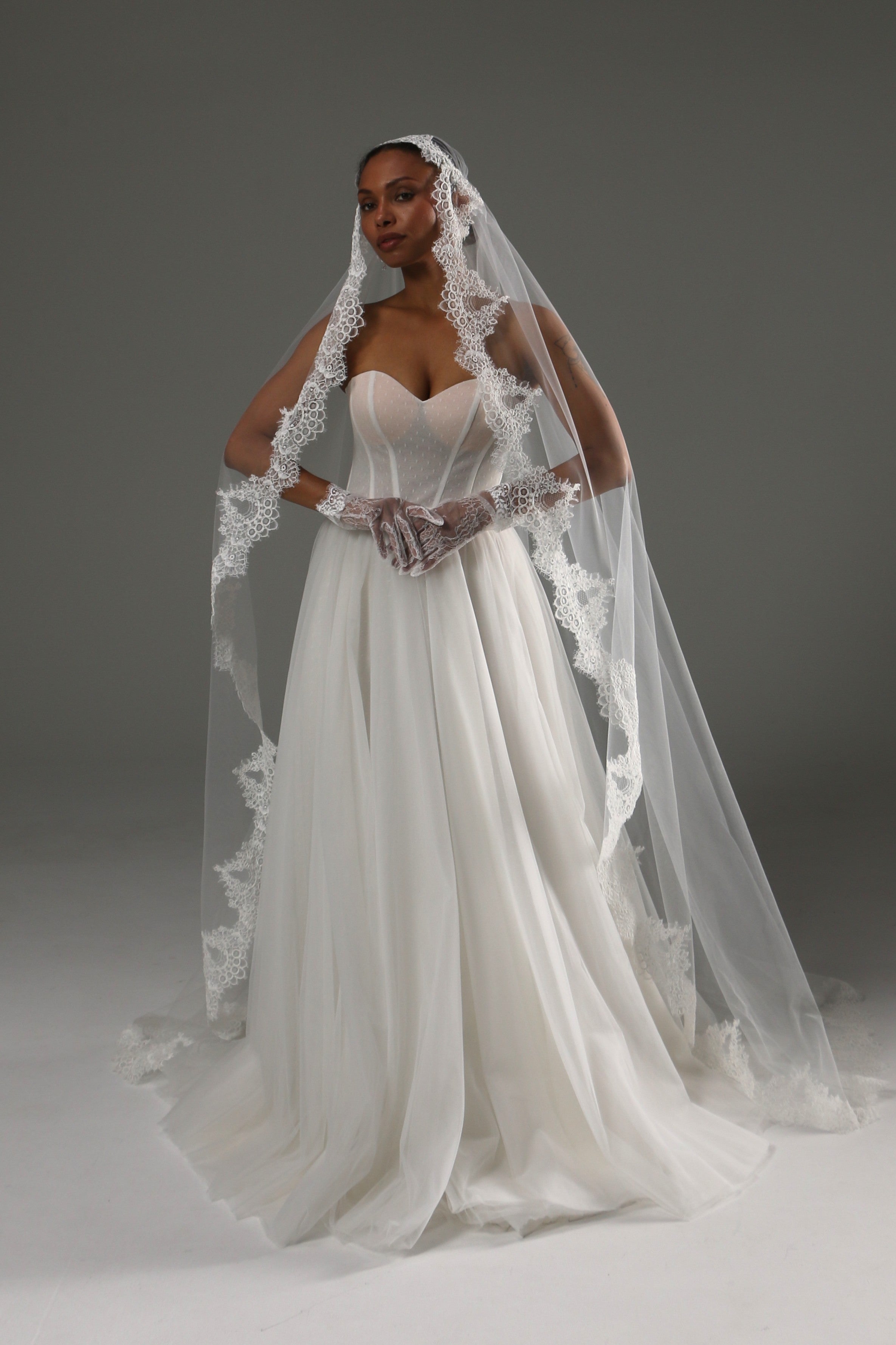 Juliet cap mantilla wedding veil with corded lace edge in royal length