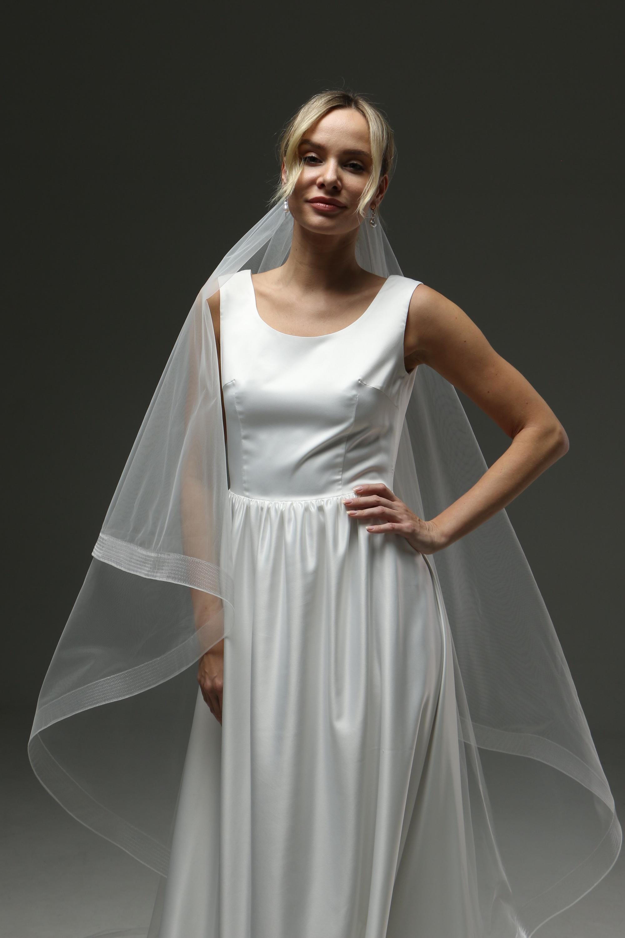 Minimalist Cathedral Veil 108 Inch, Two Tier Blusher Veil Wide Horsehair Edge 1.4 Inch, Soft Tulle Bridal Veil