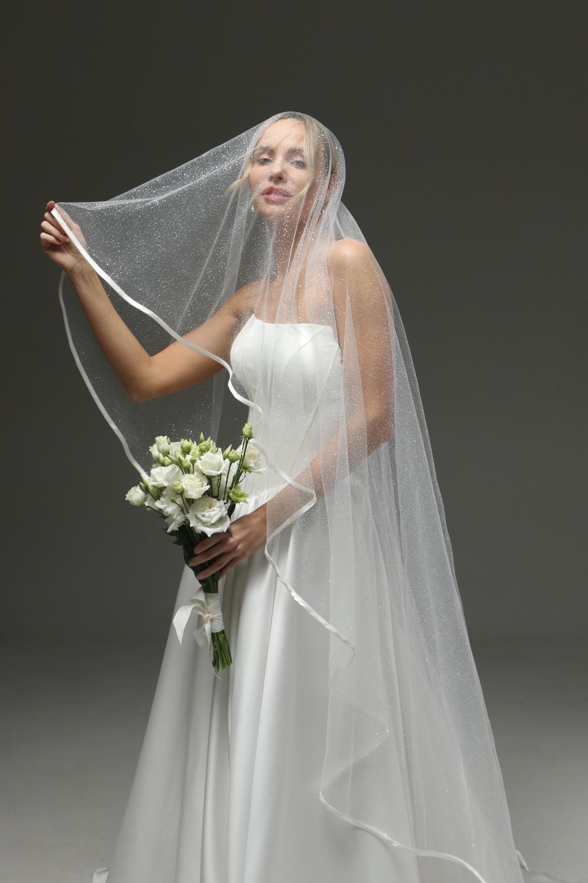 Sparkle Bridal Veil Chapel 95 Inch, Two Tier Veil Satin Edge, Soft Glitter Tulle Veil, Romantic Elegant Wedding Veil