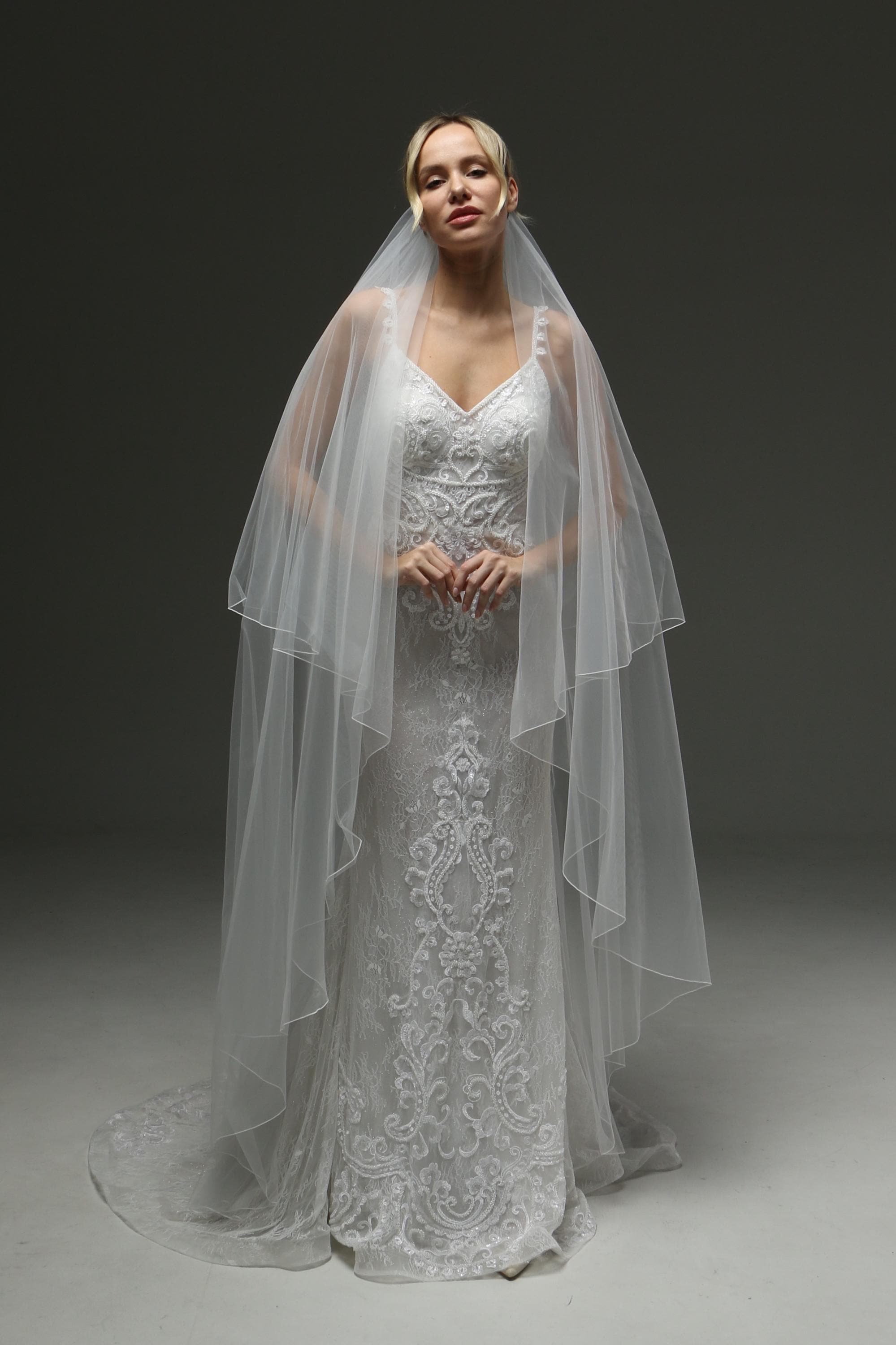 Minimalist Chapel Veil 79 Inch, Two Tier Blusher Veil Pencil Edge, Soft Tulle Bridal Veil, Simple Elegant Veil