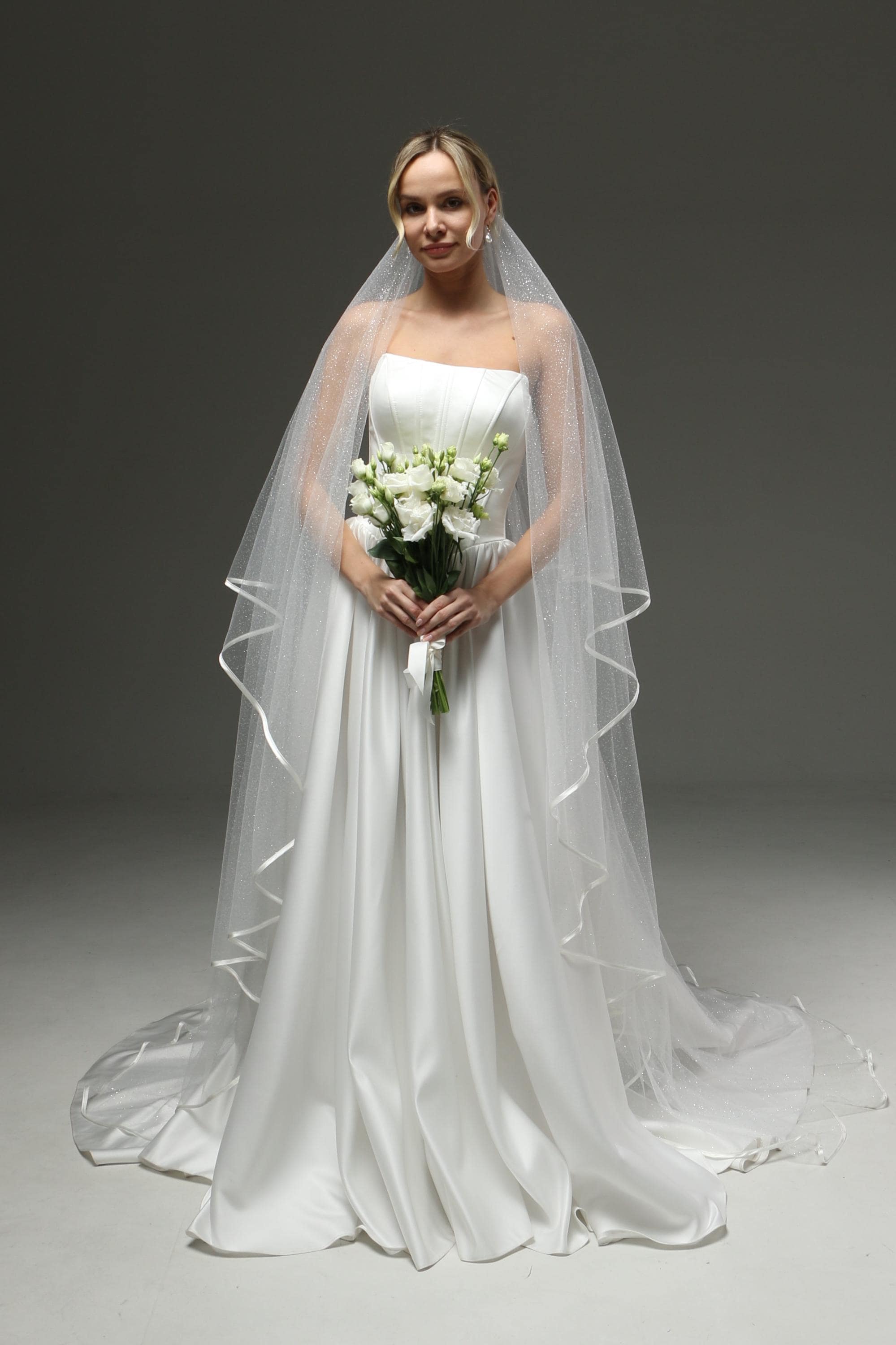 Glitter Wedding Veil, Two Tier Cathedral Veil with Satin Edge