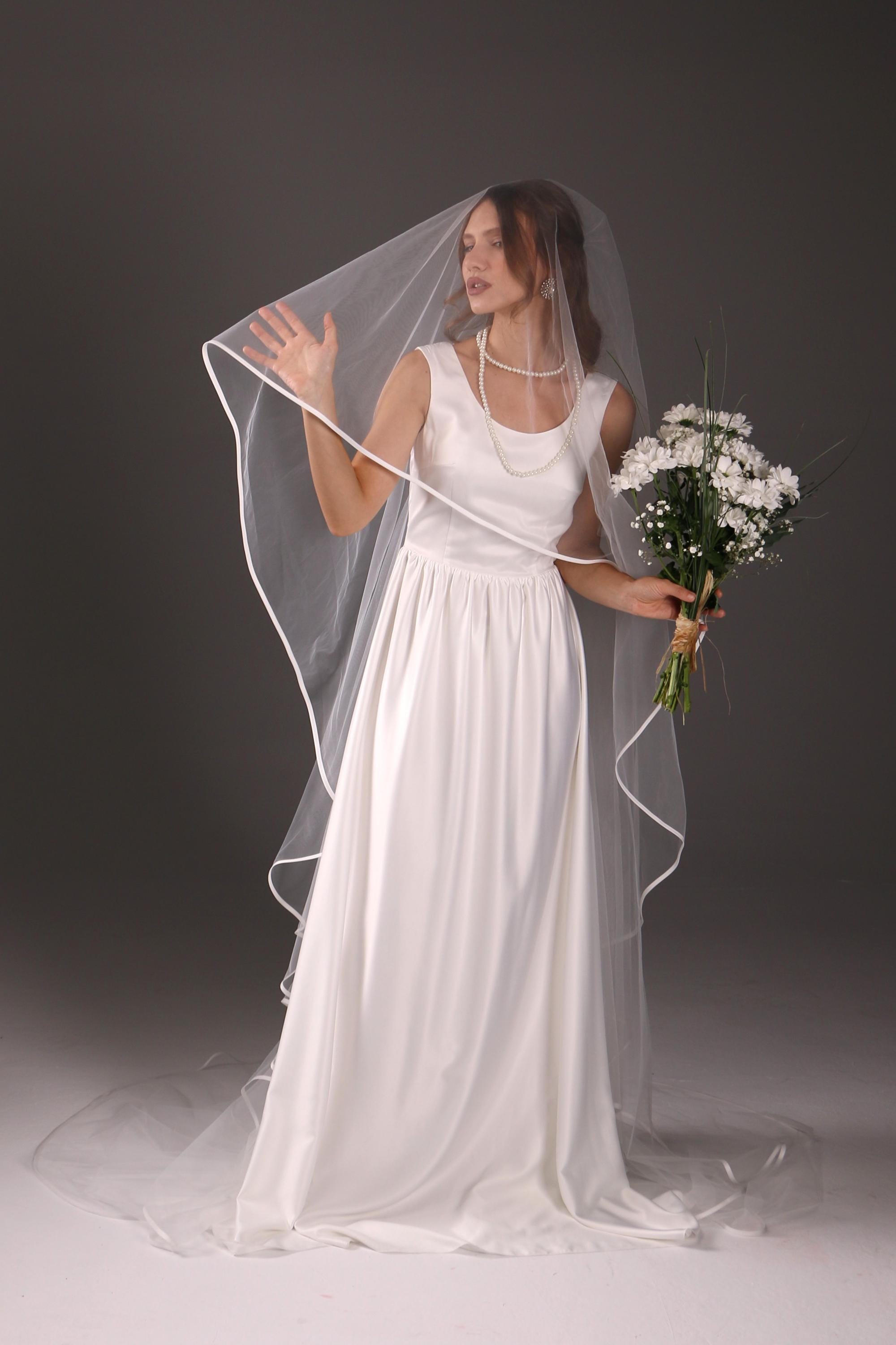 Two-Tier Satin Ribbon Wedding Veil: Italian Tulle Drop Veil