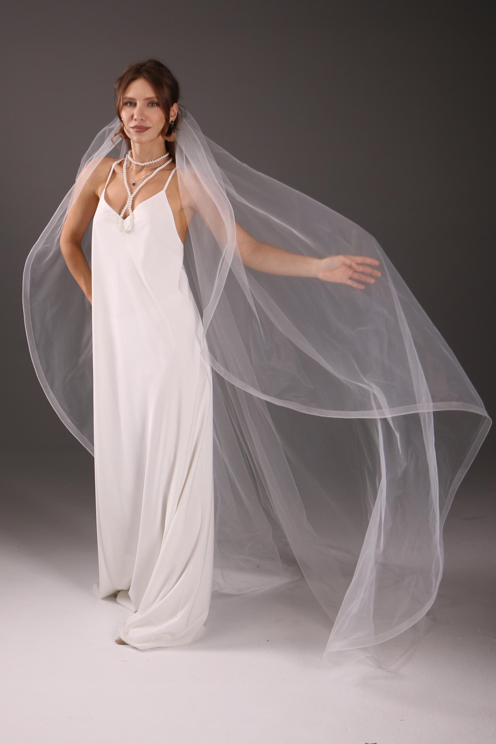 Long Chapel Wedding Veil One Tier Cascade Horsehair Edge 1 Inch Bridal Veil Soft Tulle Dramatic Veil Modern Bride 95