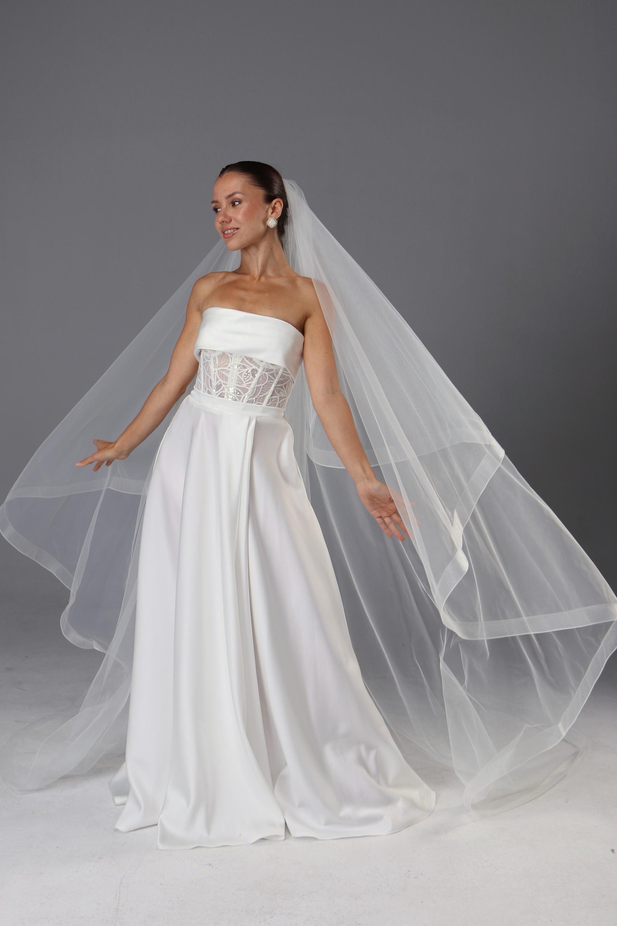 Two-Tier Cathedral Wedding Veil | Handmade Italian Tulle, Horsehair Trim