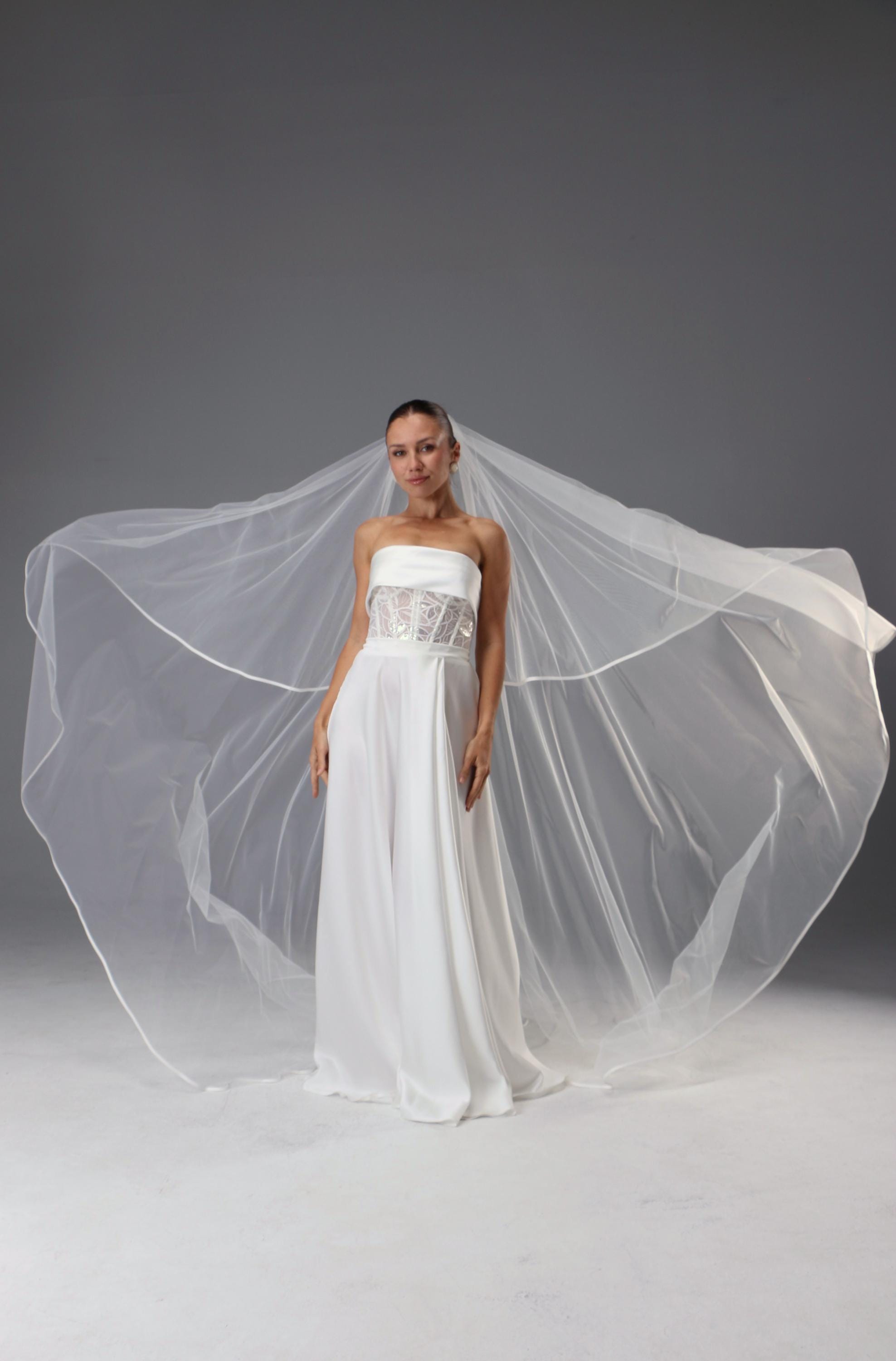 Minimalist Cathedral Veil 108 Inch, Two Tier Blusher Veil Satin Edge, Soft Tulle Bridal Veil, Modern Elegant Veil