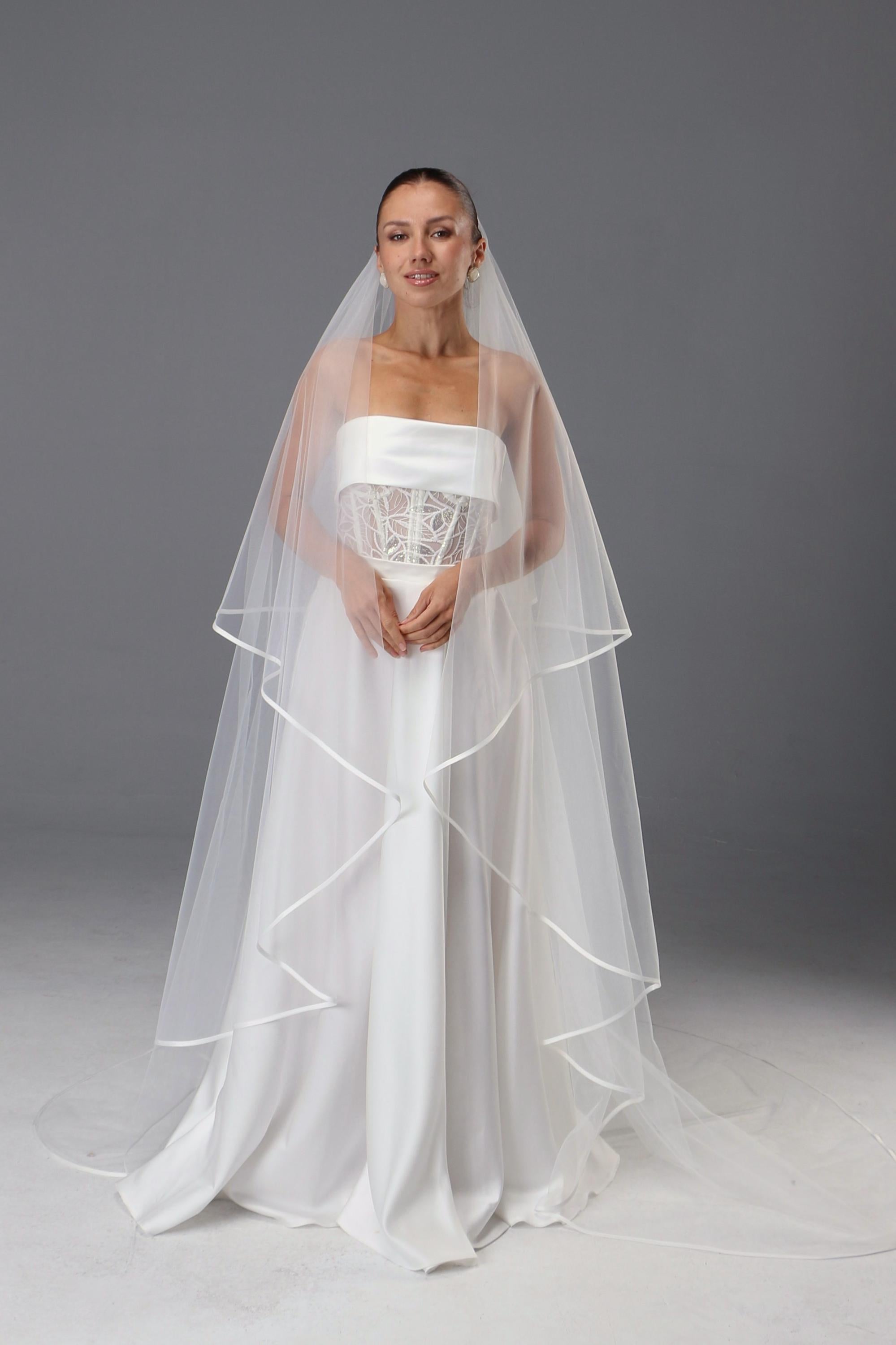 Romantic Cathedral Veil 108 Inch, Two Tier Satin Edge Veil, Soft Tulle Bridal Veil, Long Elegant Wedding Veil