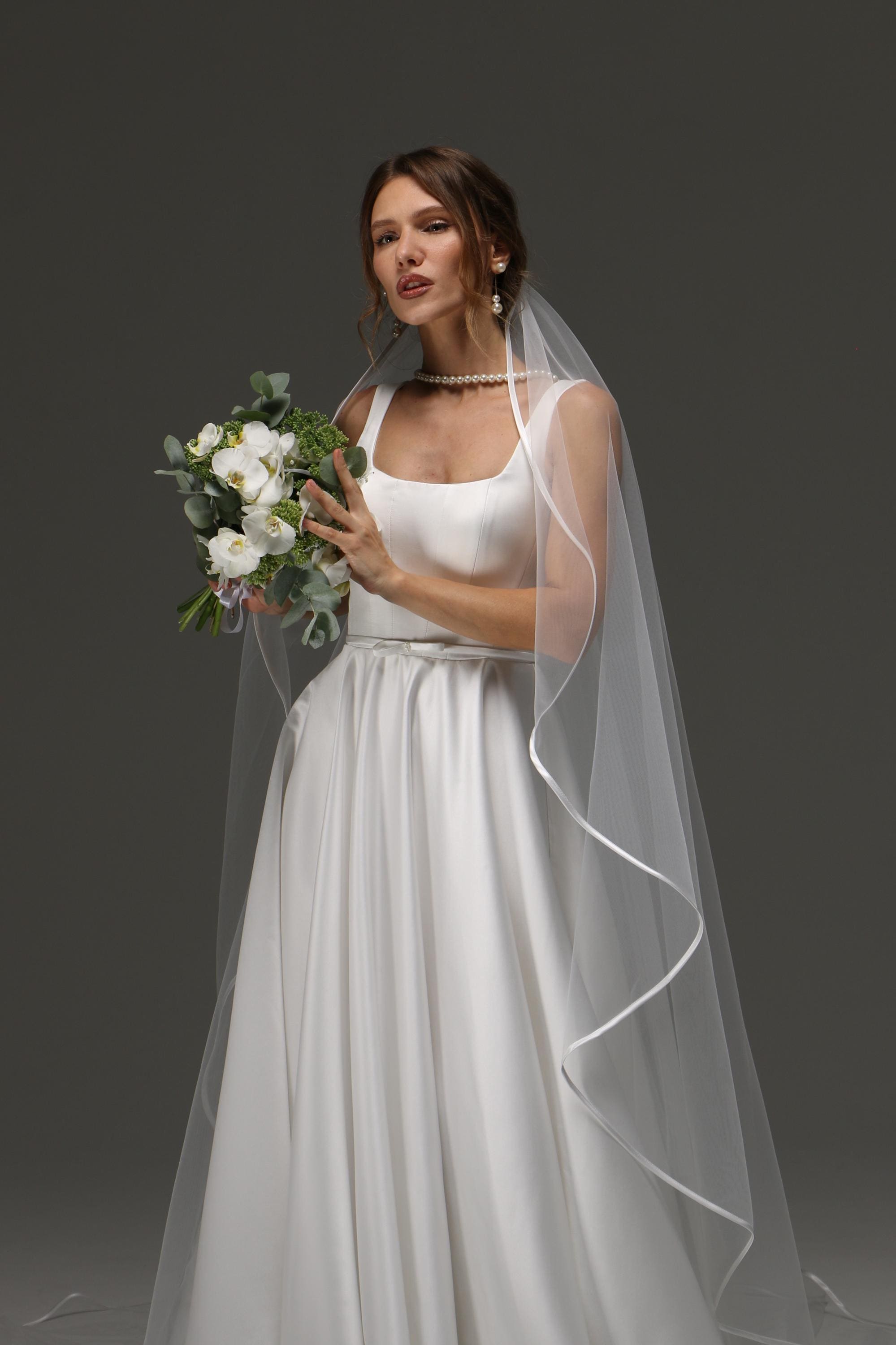 Minimalist Cathedral Veil 108 Inch, Single Tier Satin Edge Veil, Soft Tulle Bridal Veil, Modern Elegant Wedding Veil
