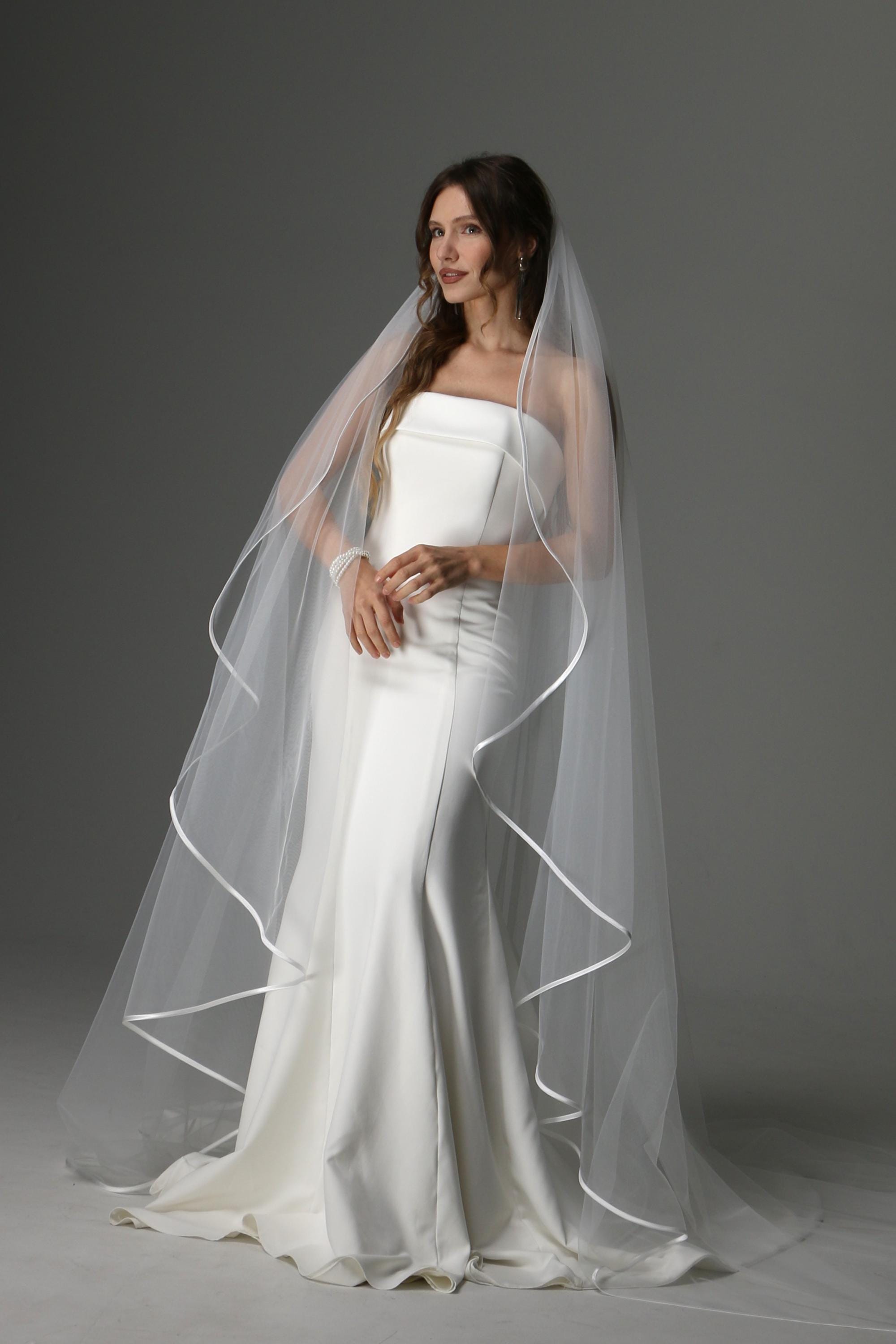 Cascade Wedding Veil One Tier Satin Edge Bridal Veil Long Train Soft Tulle Minimalist Veil Chapel Veil Bridal Accessories