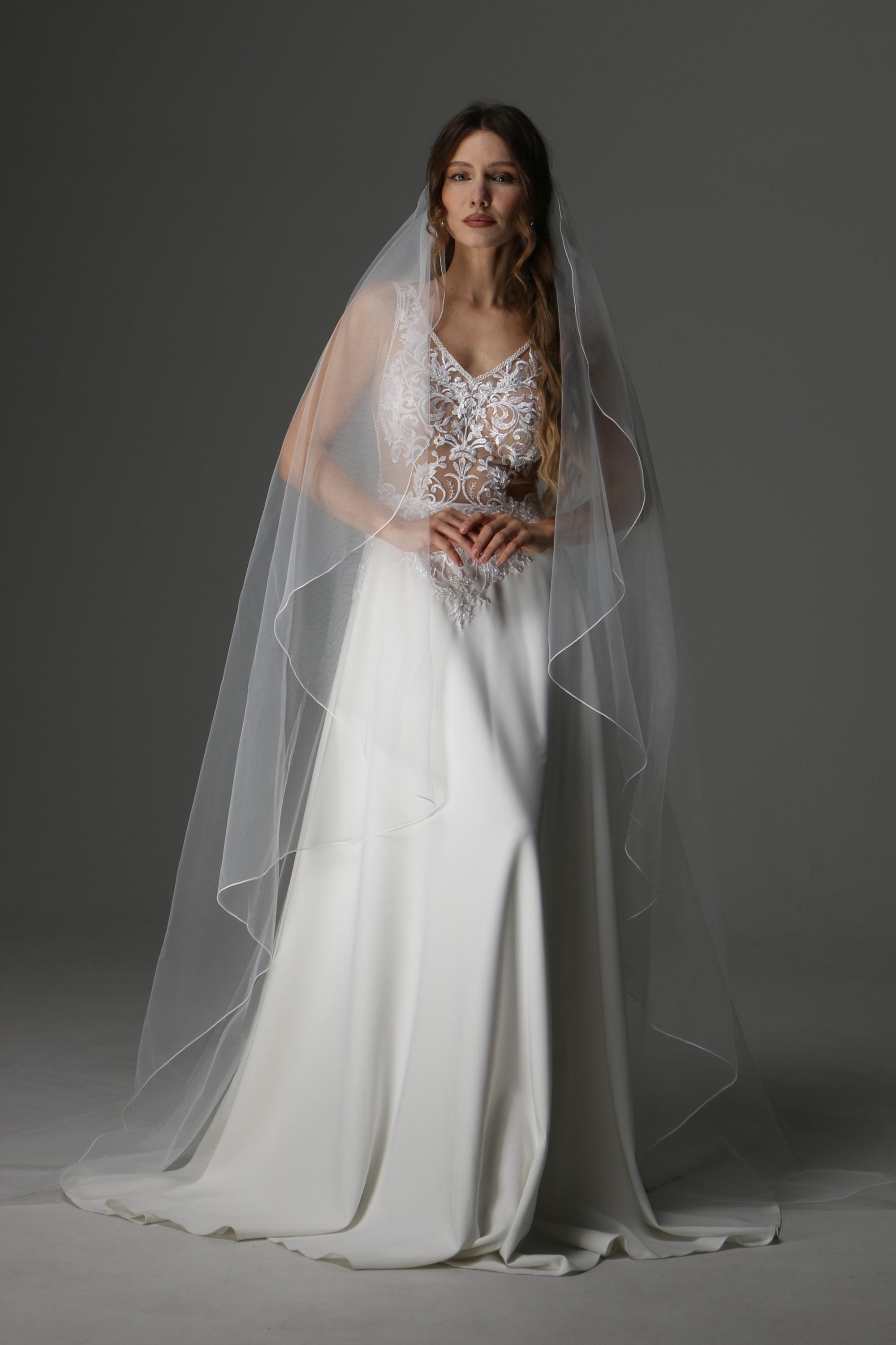 Cathedral Wedding Veil One Tier Cascade Pencil Edge Bridal Veil Soft Tulle Long Veil Minimalist Elegant 108 Inch
