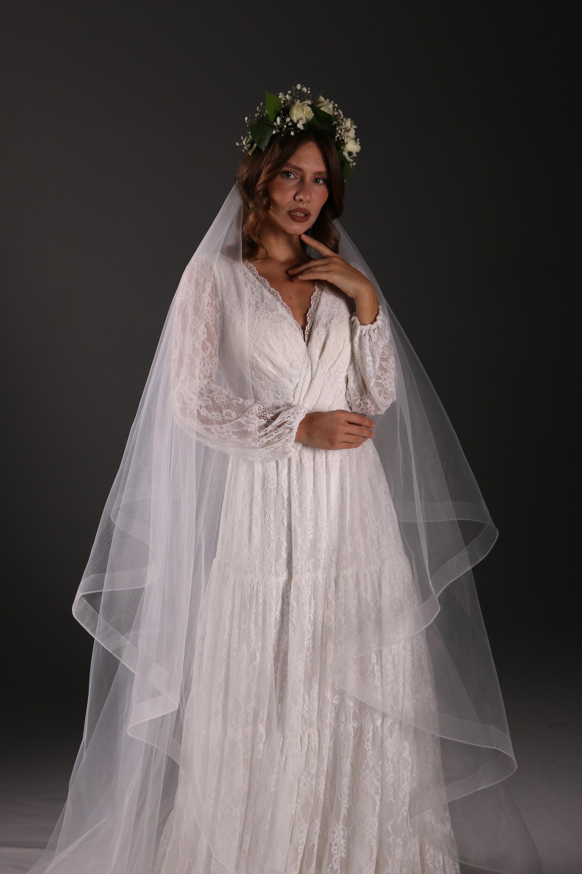 Two Tier Cathedral Bridal Veil with Horsehair Trim, Tulle Wedding Veil, Blusher Veil, Modern Bridal Veil, Elegant Long Veil