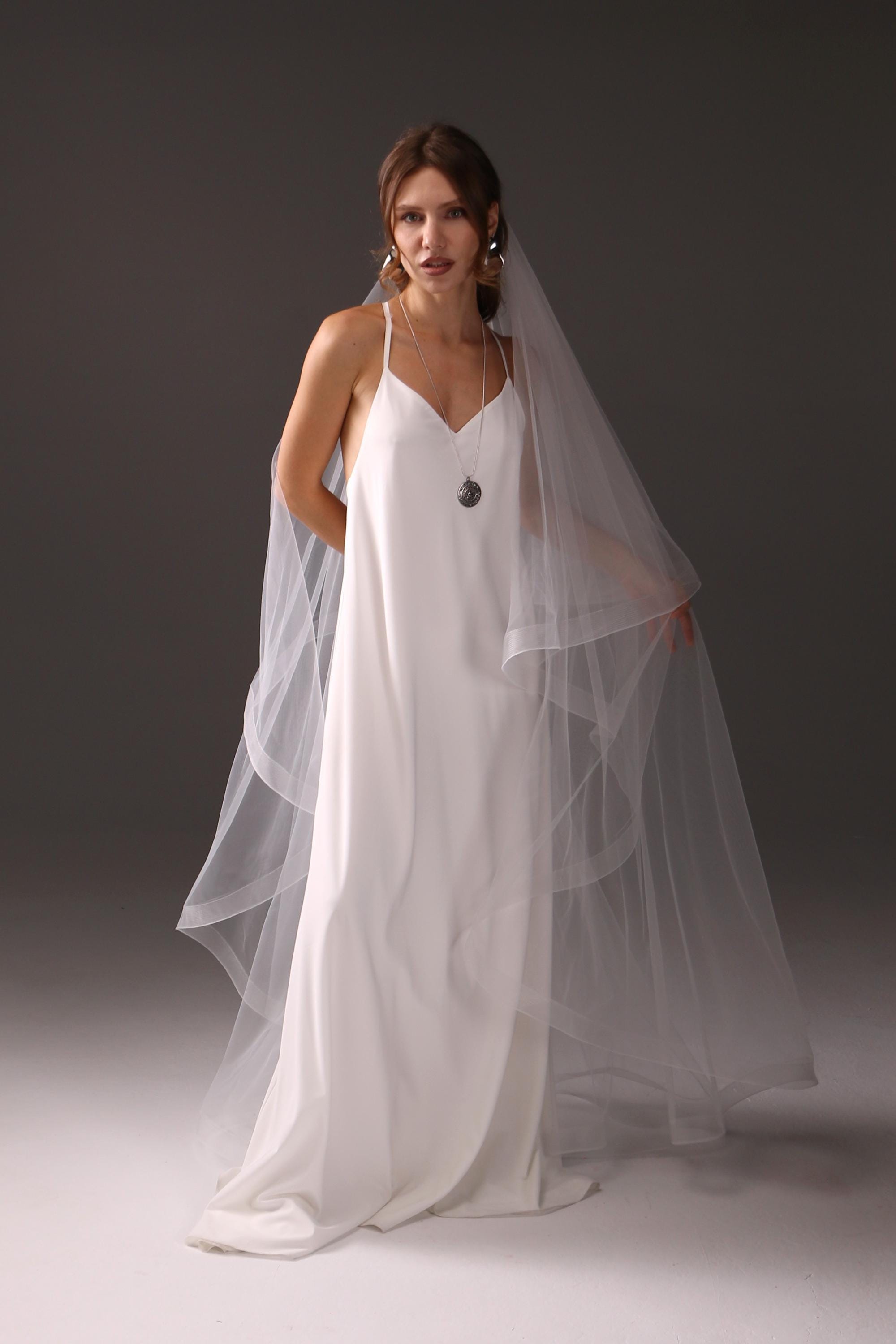 Two-Tier Cathedral Wedding Veil | Horsehair Edge, Drop Blusher