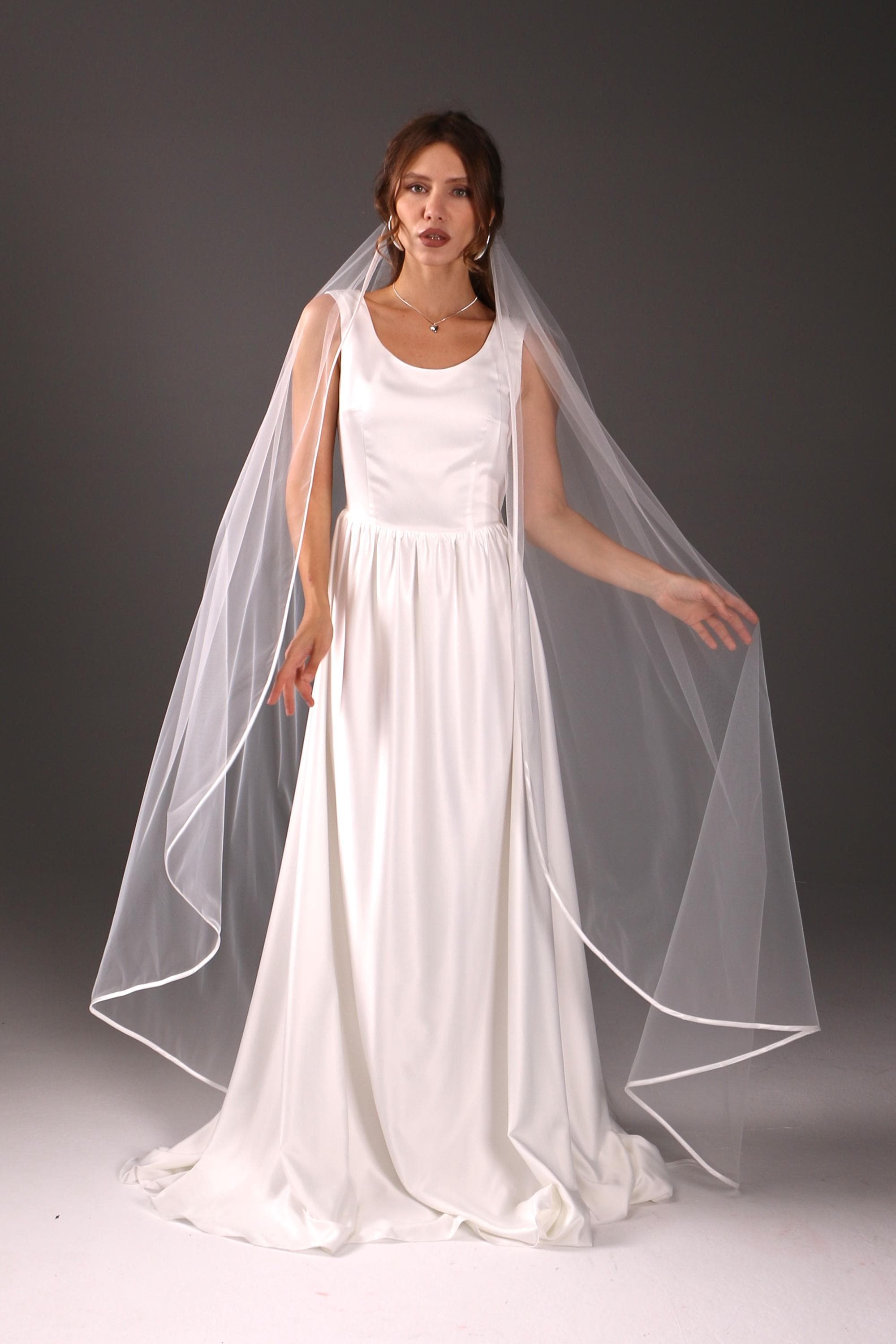 Simple Satin Ribbon Veil – One Tier Soft Tulle Wedding Veil