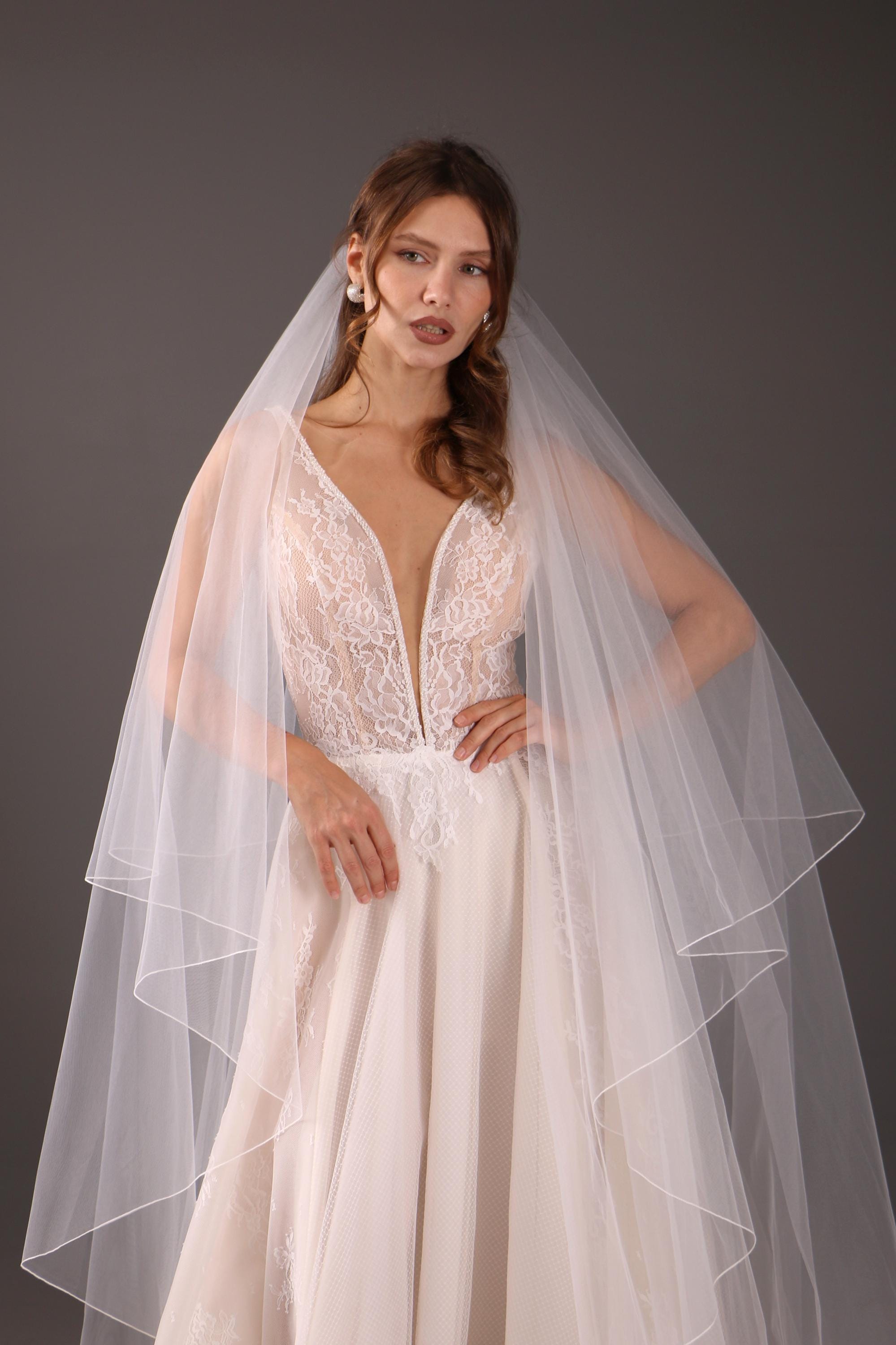 Chapel Length Wedding Veil Two Tier Pencil Edge Bridal Veil Soft Tulle Minimalist Veil Lightweight Modern Bride Veil