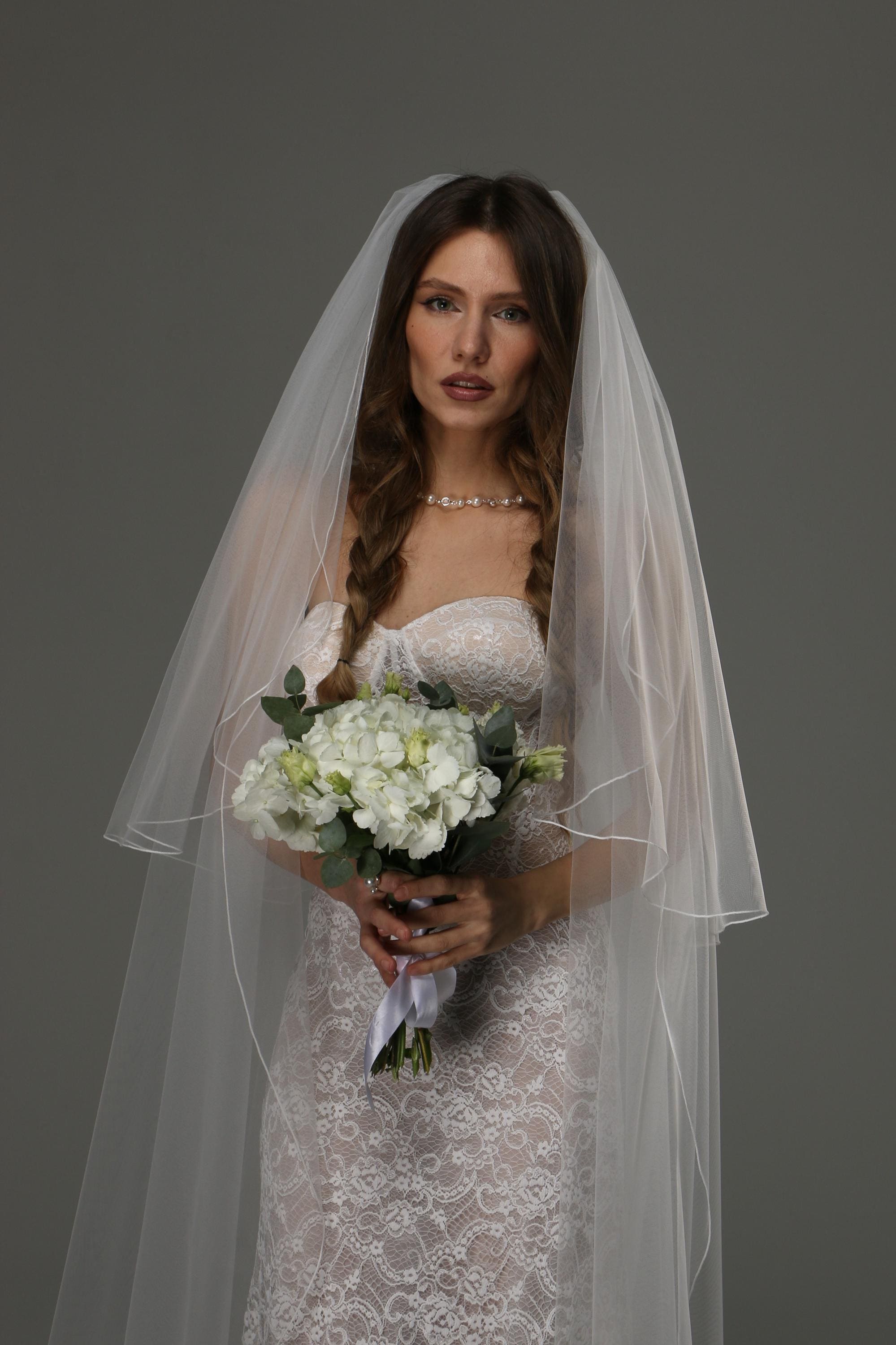 Wedding Veil Floor Length 59 Inch, Two Tier Veil with Blusher Pencil Edge, Soft Tulle Bridal Veil Elegant Classic Veil