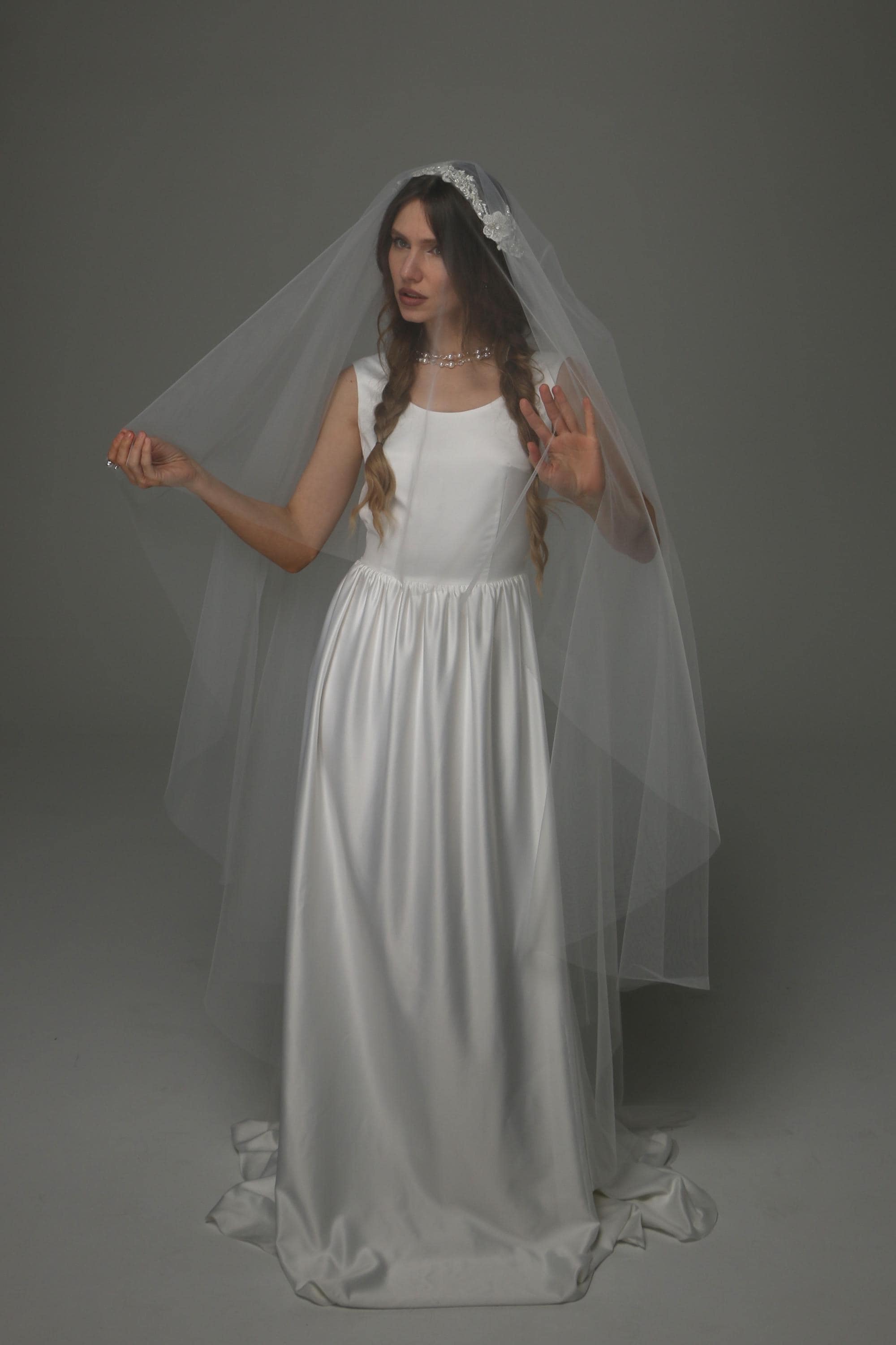 Juliet Cap Wedding Veil 67 Inch, Two Tier Veil with Blusher Lace Applique Veil, Vintage Bridal Veil Soft Tulle