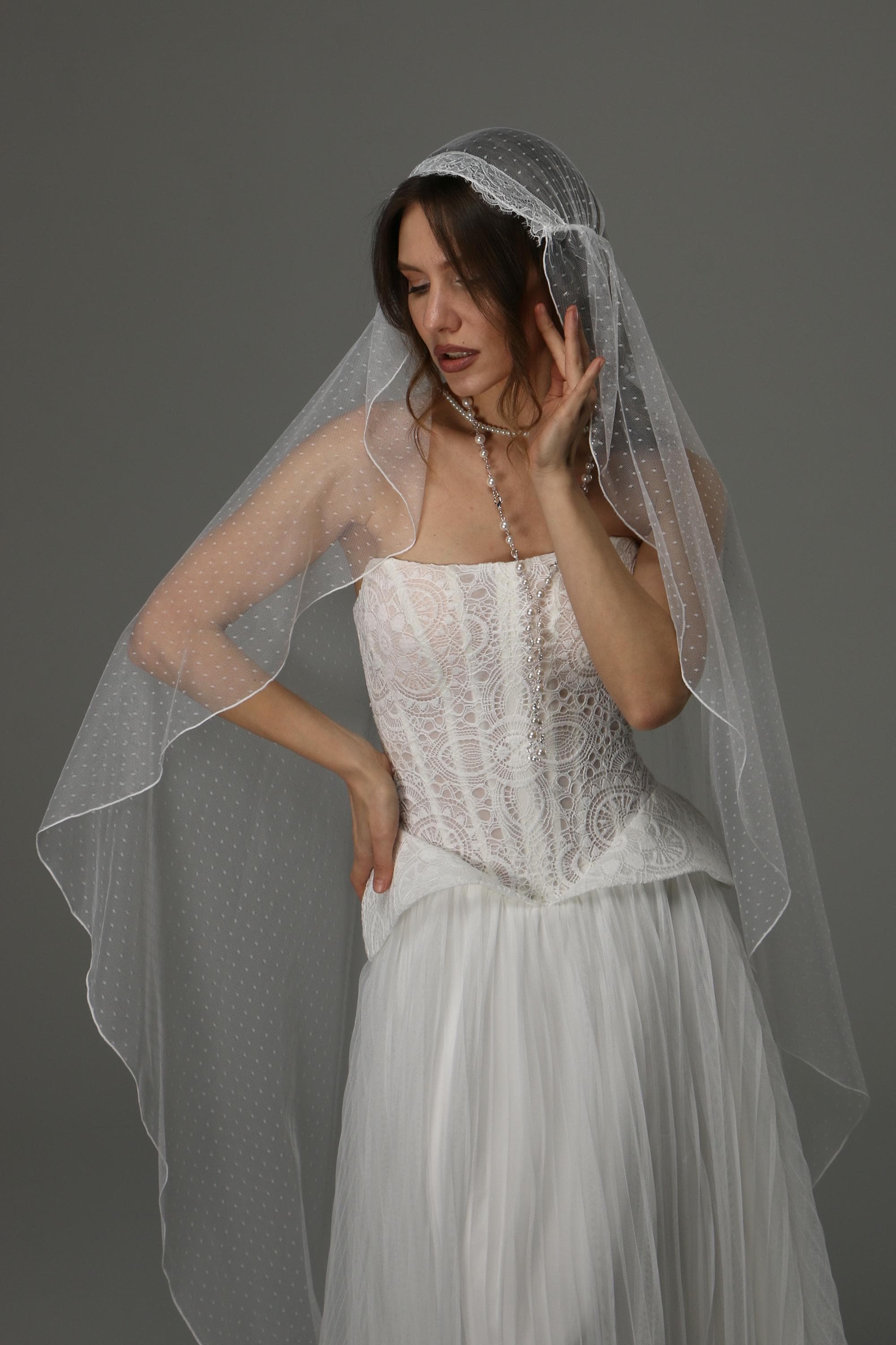 Juliet Cap Wedding Veil with Lace, One Tier Dotted Tulle Bridal Veil with Pencil Edge, Soft Romantic Veil
