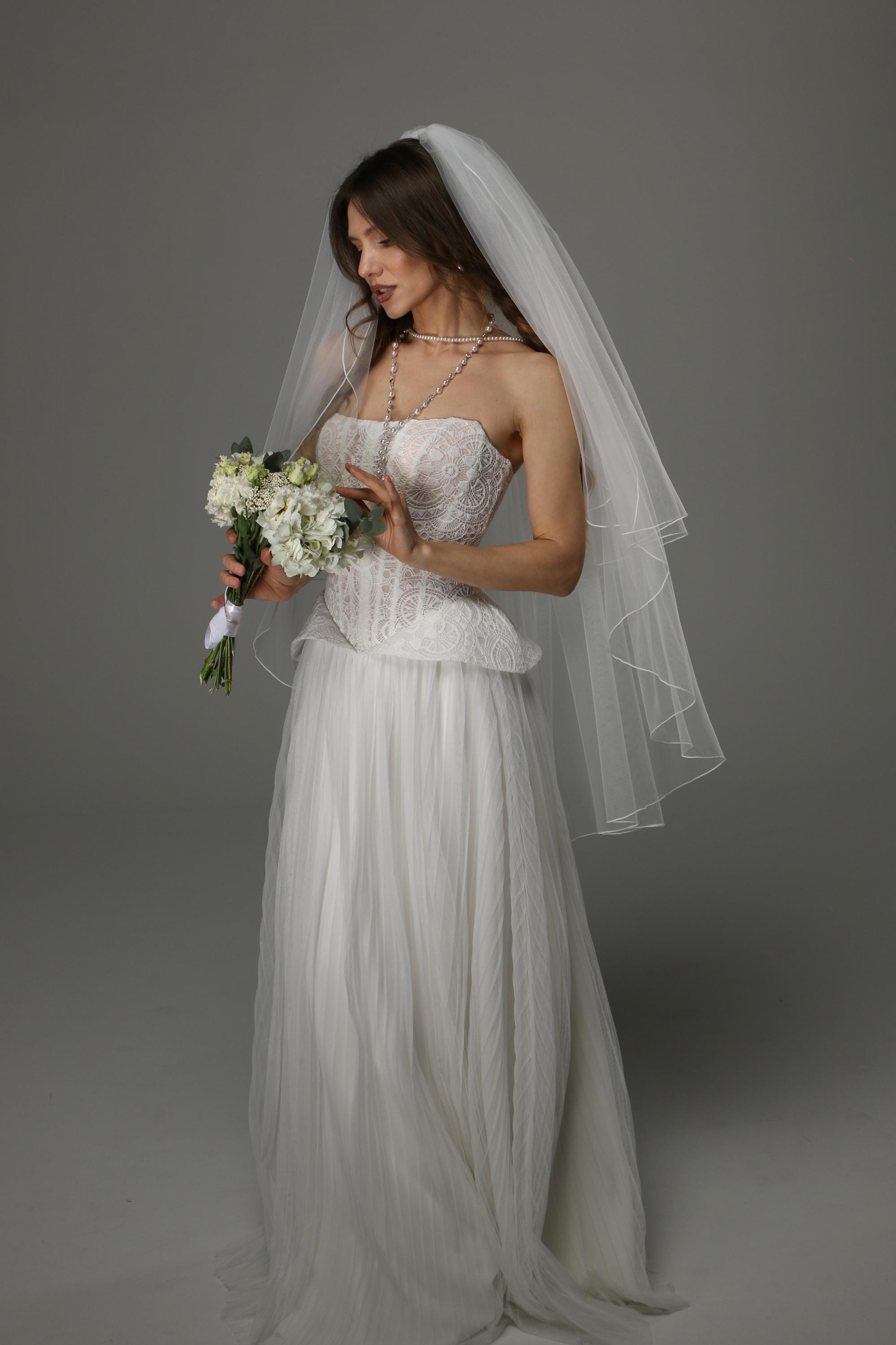 Two Tier Wedding Veil with Pencil Edge, Full Bridal Veil at Comb, Soft Tulle Classic Romantic Veil