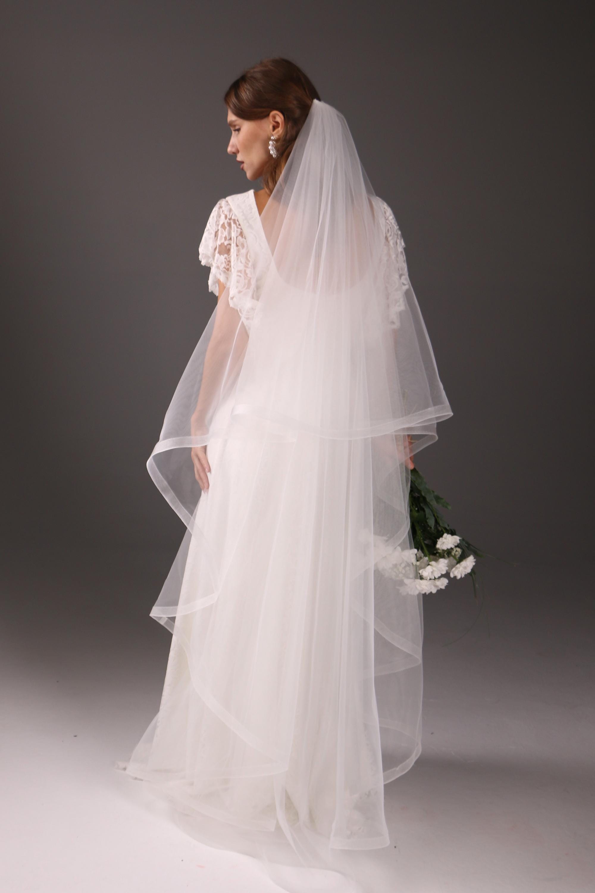 Chapel Wedding Veil Two Tier Horsehair Edge 1 Inch Bridal Veil Soft Tulle 79 Inch Cascade Veil Modern Minimalist Bride